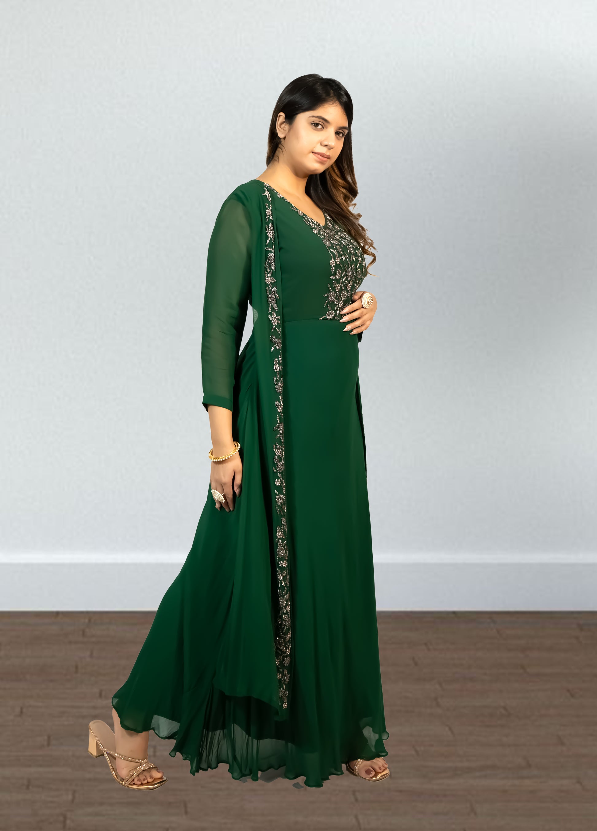 Bottle Green Pure Gorget One-Piece Gown | Cut Dana & Pearl Embroidery | Sizes M–XL - Bebo N Lolo