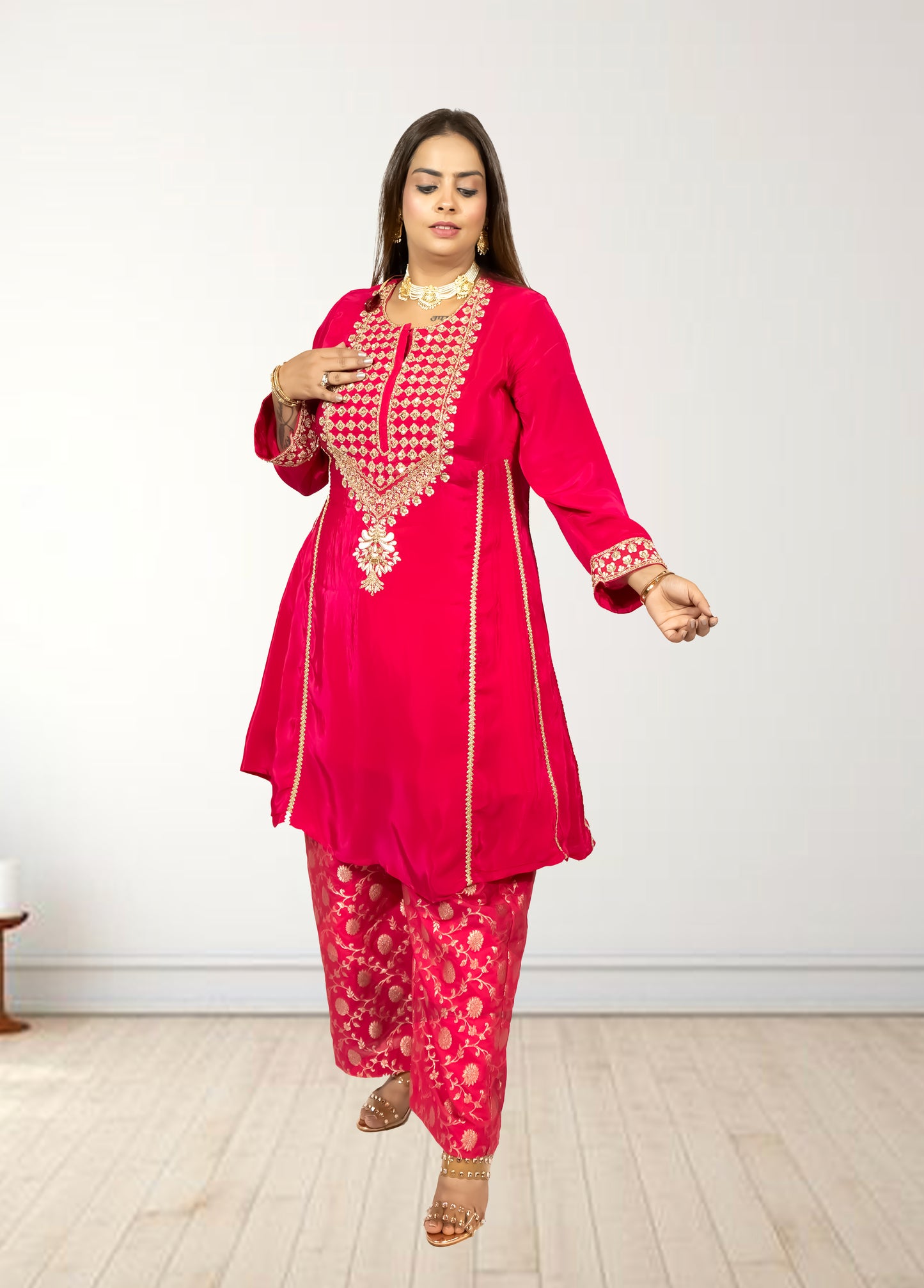 Pure Crape A-Line Cord Set with Brocket Palazzo | Jari, Sirozki & Cut Dana Work | Mustard & Hot Pink | Sizes L–XXL - Bebo N Lolo
