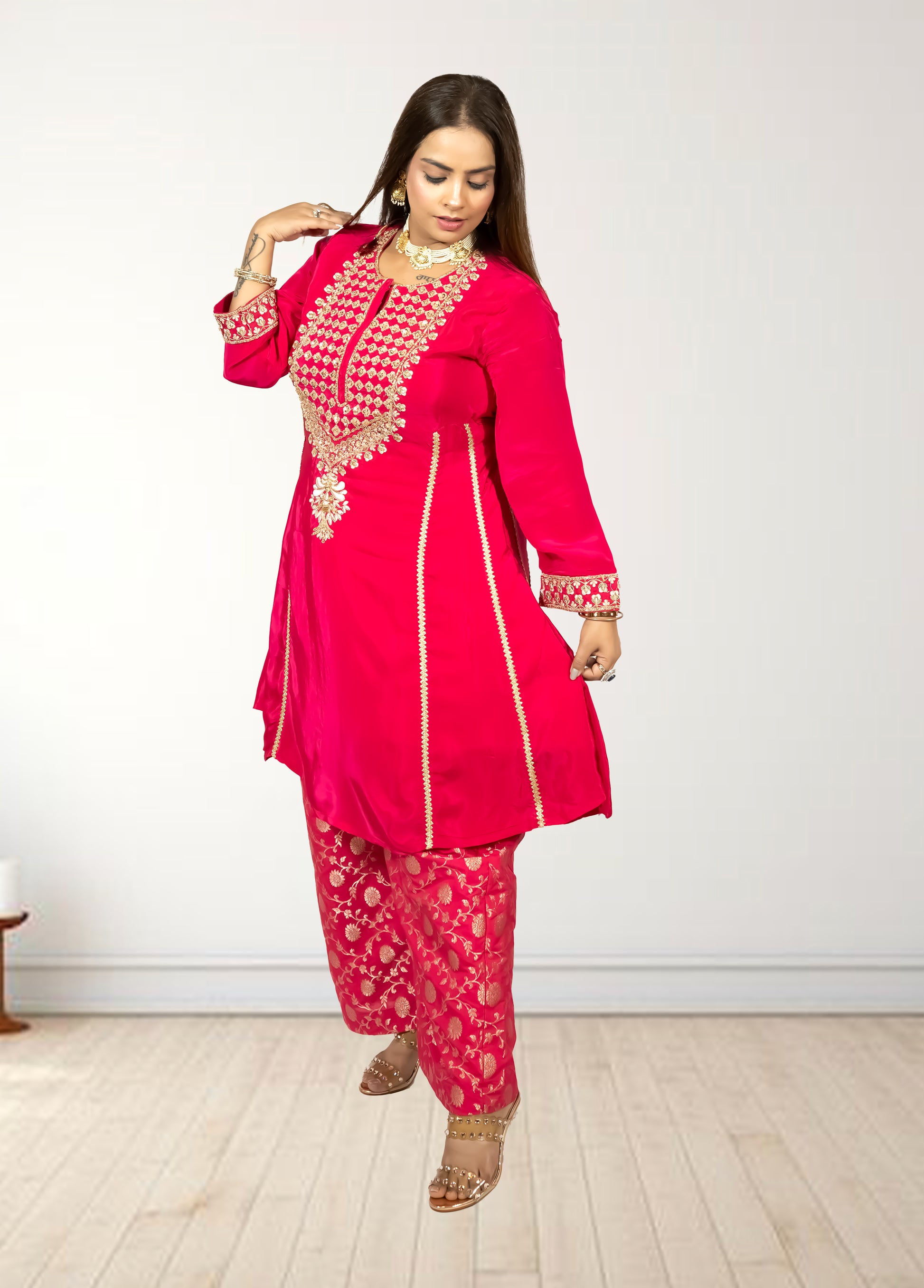 Pure Crape A-Line Cord Set with Brocket Palazzo | Jari, Sirozki & Cut Dana Work | Mustard & Hot Pink | Sizes L–XXL - Bebo N Lolo
