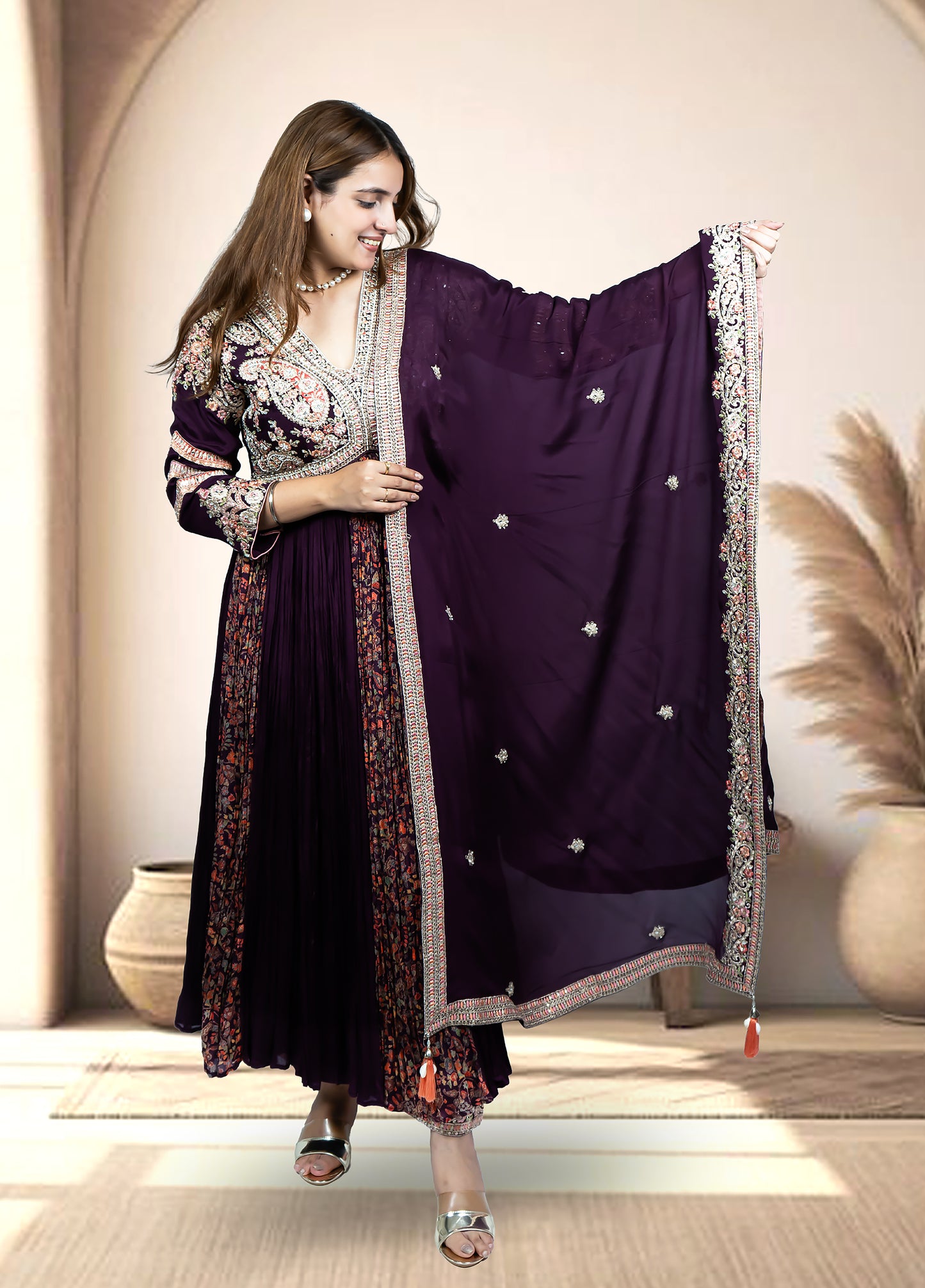 Wine Chinnon Anarkali with Pant & Four-Side Bordered Dupatta | Sequin & Dabka Work | Sizes M–XL - Bebo N Lolo