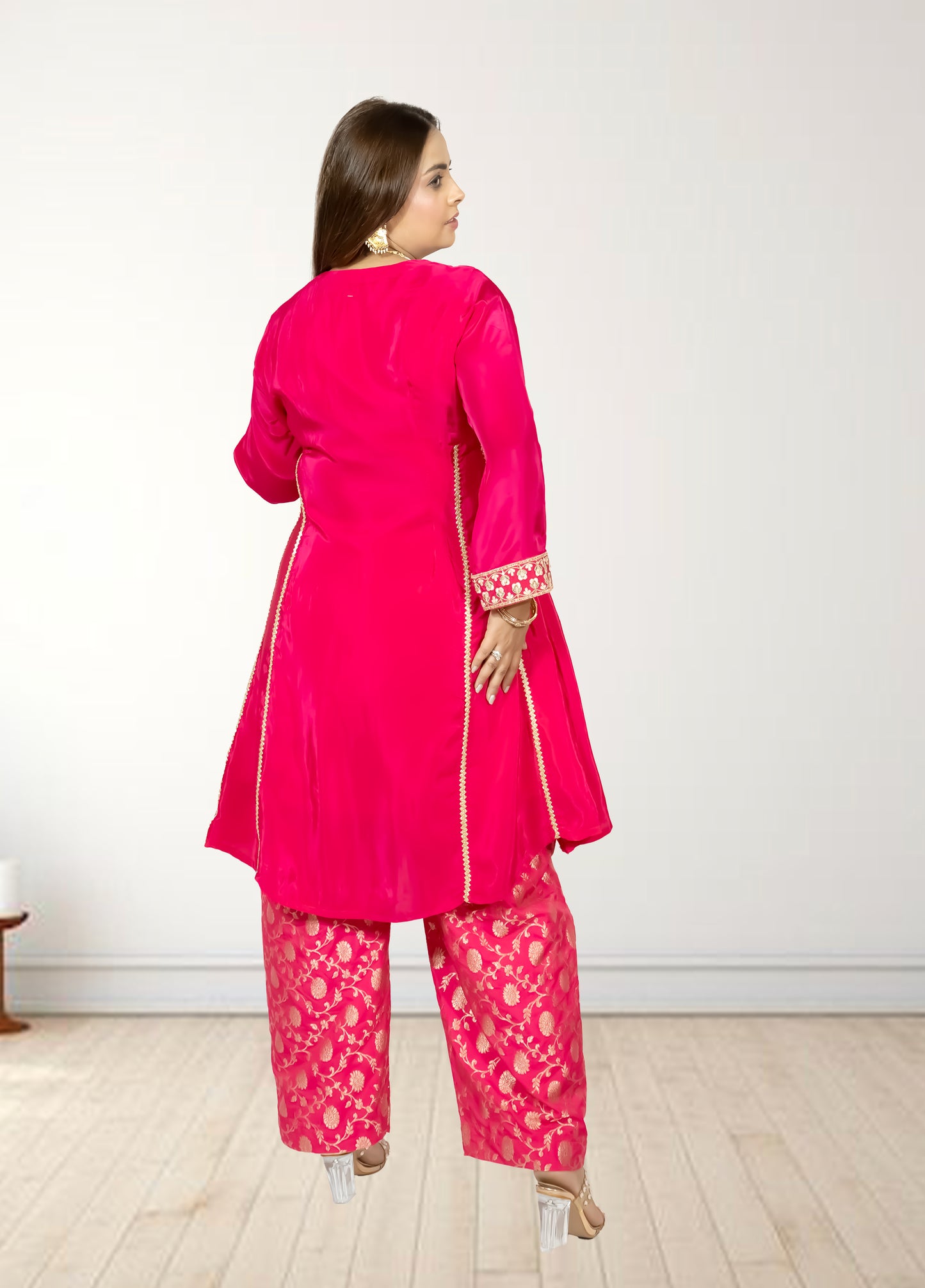 Pure Crape A-Line Cord Set with Brocket Palazzo | Jari, Sirozki & Cut Dana Work | Mustard & Hot Pink | Sizes L–XXL - Bebo N Lolo