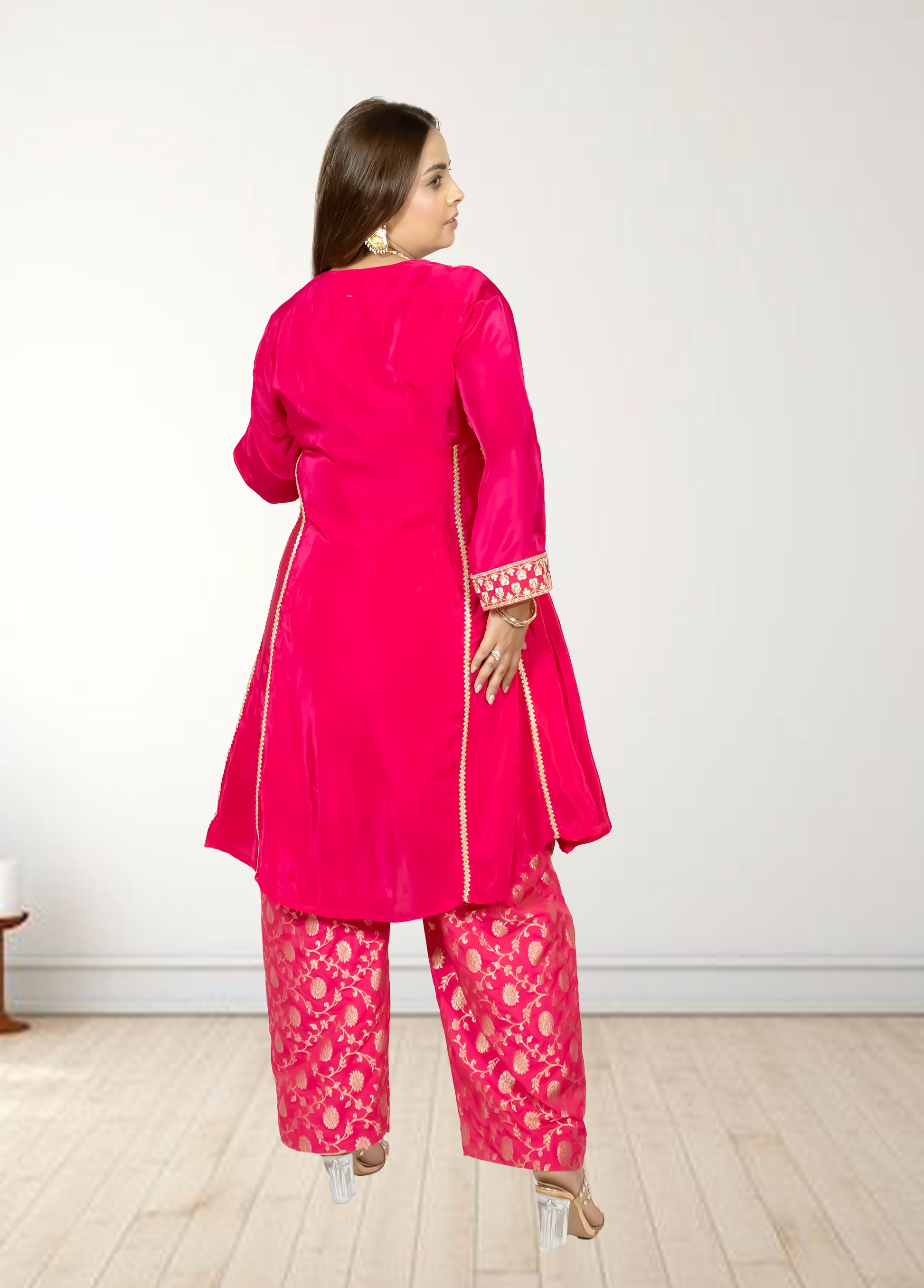 Pure Crape A-Line Cord Set with Brocket Palazzo | Jari, Sirozki & Cut Dana Work | Mustard & Hot Pink | Sizes L–XXL - Bebo N Lolo