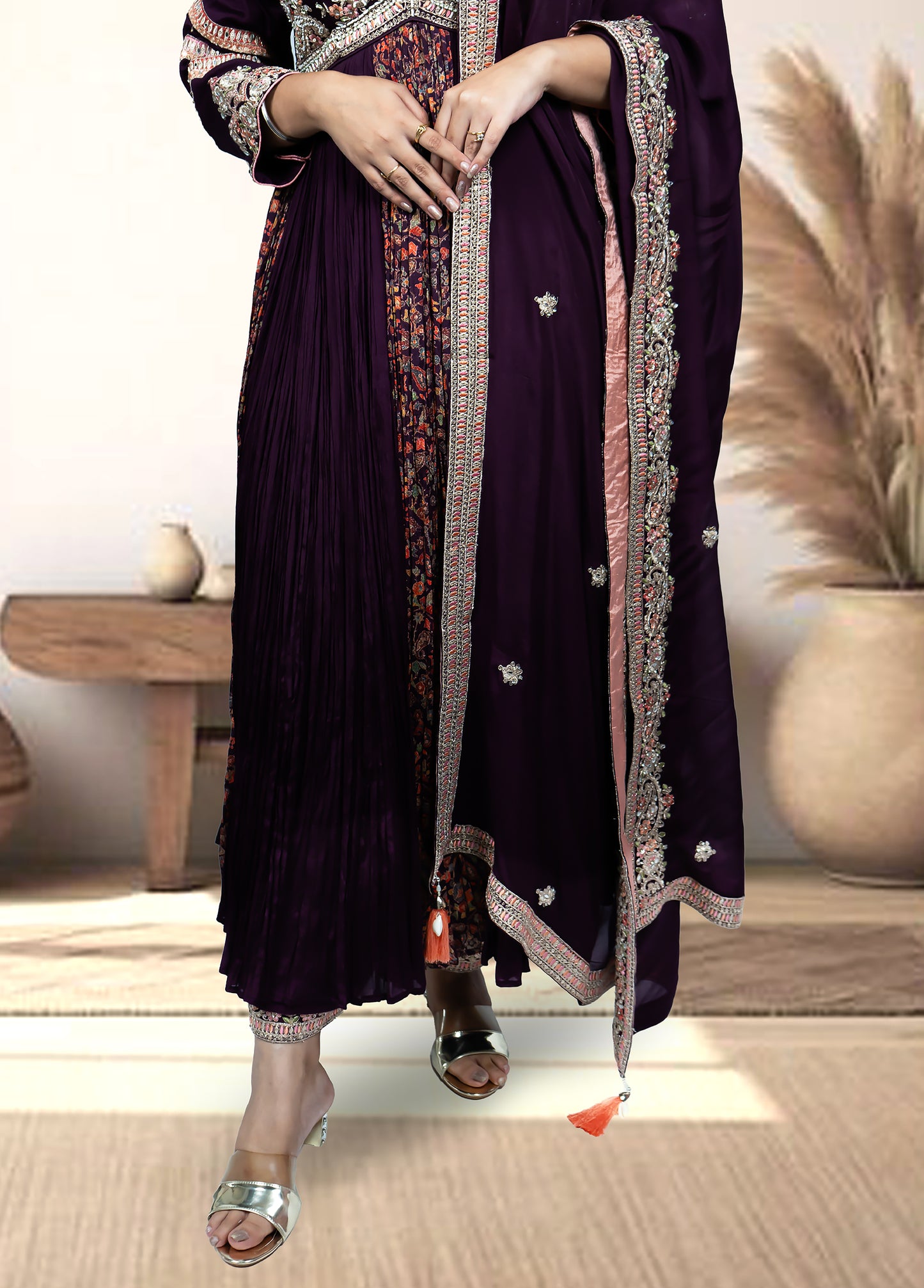 Wine Chinnon Anarkali with Pant & Four-Side Bordered Dupatta | Sequin & Dabka Work | Sizes M–XL - Bebo N Lolo