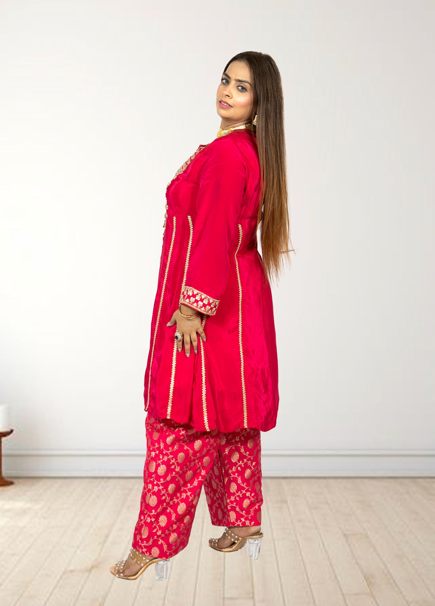 Pure Crape A-Line Cord Set with Brocket Palazzo | Jari, Sirozki & Cut Dana Work | Mustard & Hot Pink | Sizes L–XXL - Bebo N Lolo