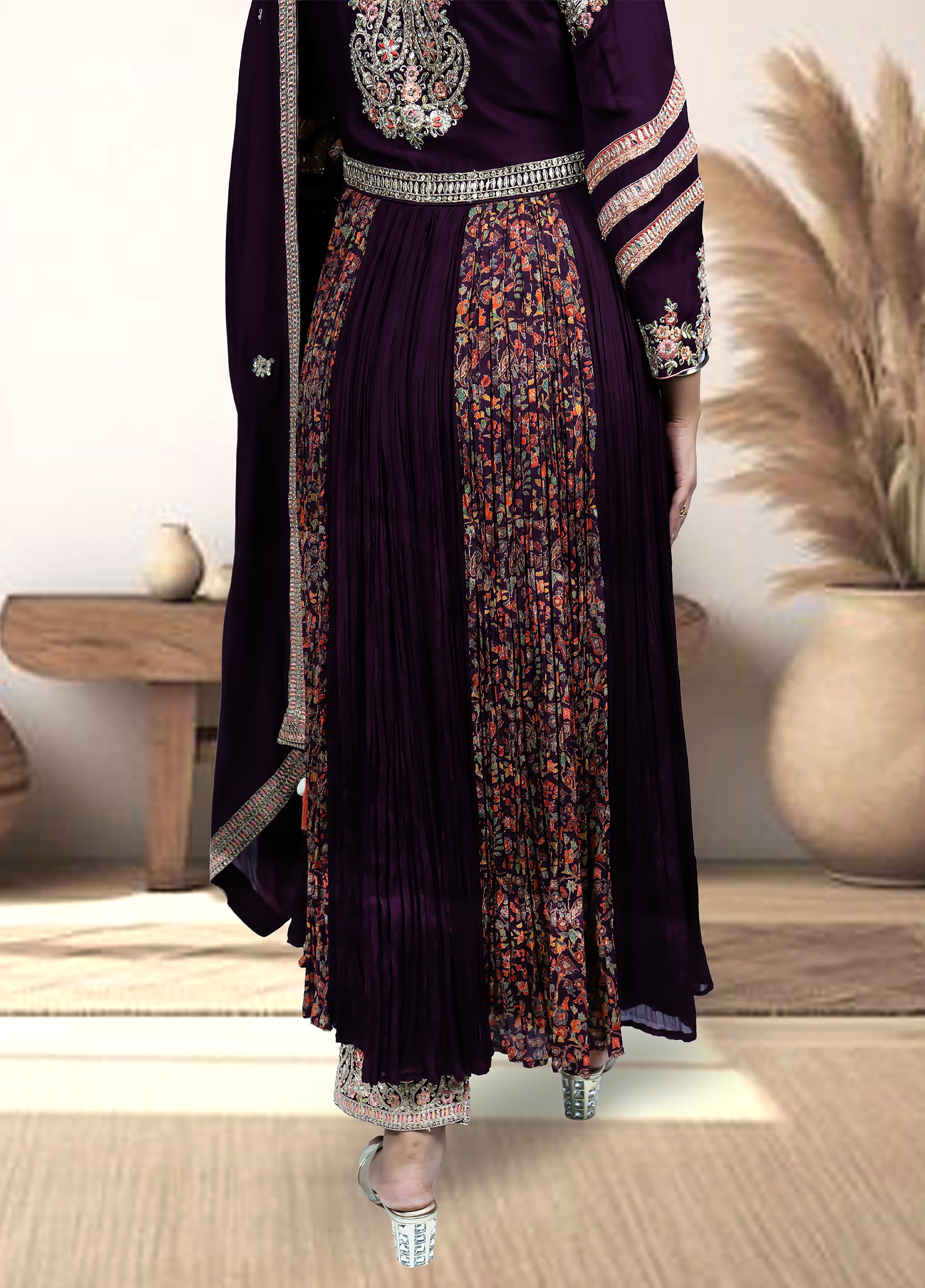 Wine Chinnon Anarkali with Pant & Four-Side Bordered Dupatta | Sequin & Dabka Work | Sizes M–XL - Bebo N Lolo