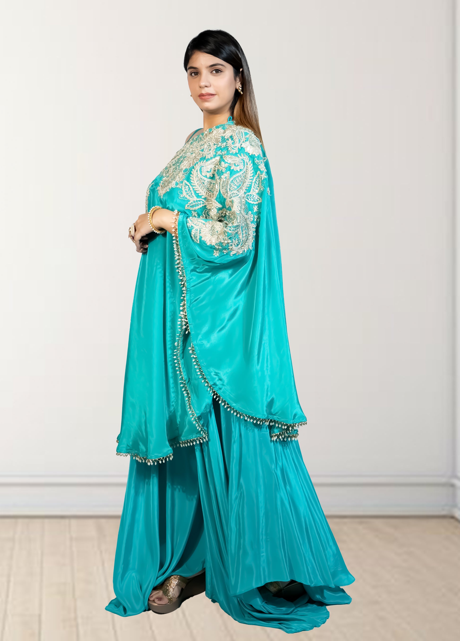 Rama Green Off-Shoulder Cape with Sharara & Breastiser | Pearl, Lace, Cut Dana & Sequence Work | Indo Western | Sizes L–XXL - Bebo N Lolo
