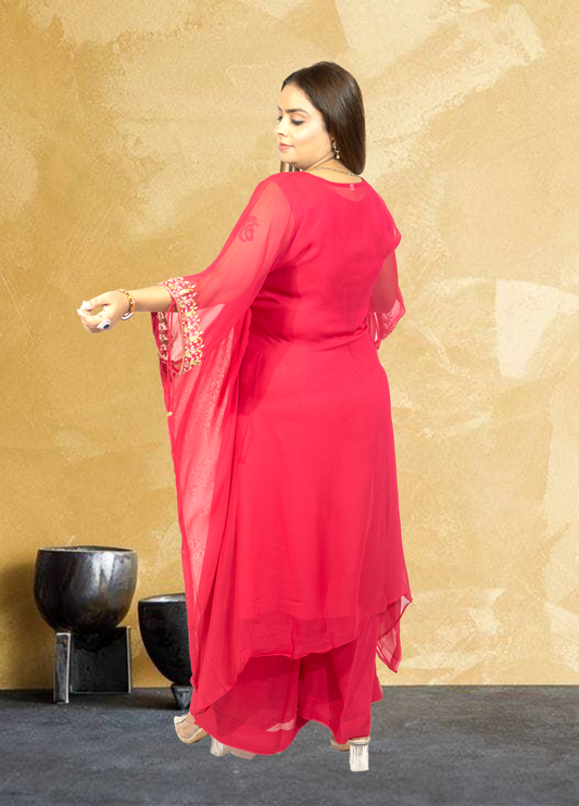 Hot Pink Crape Kaftan with Palazzo | Cut Dana & Sequence Embroidery | Sizes L–XXL - Bebo N Lolo