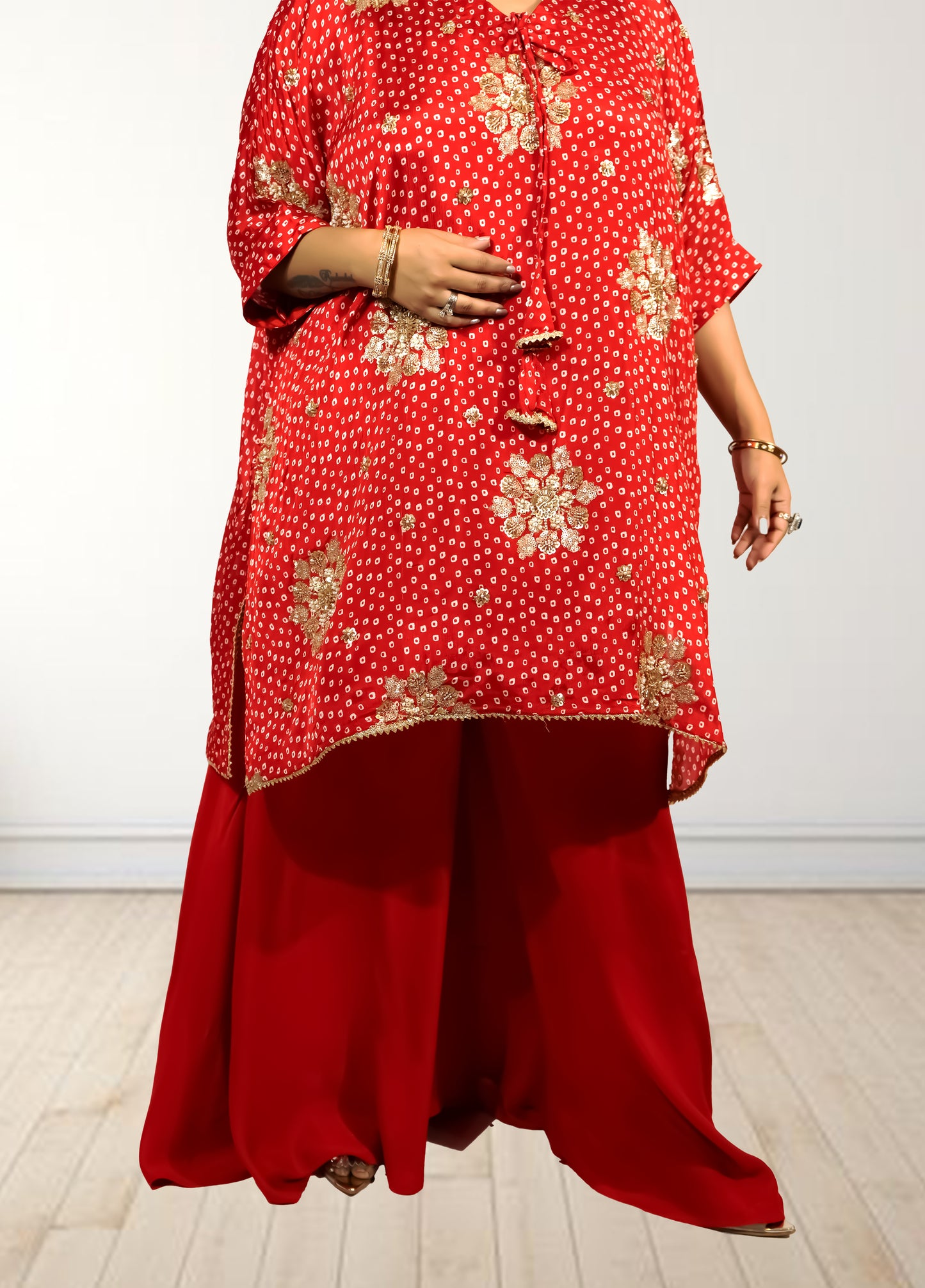 Red Chinon Bandhani Print Loose Palazzo Choga | Sequence & Cut Dana Work - Bebo N Lolo