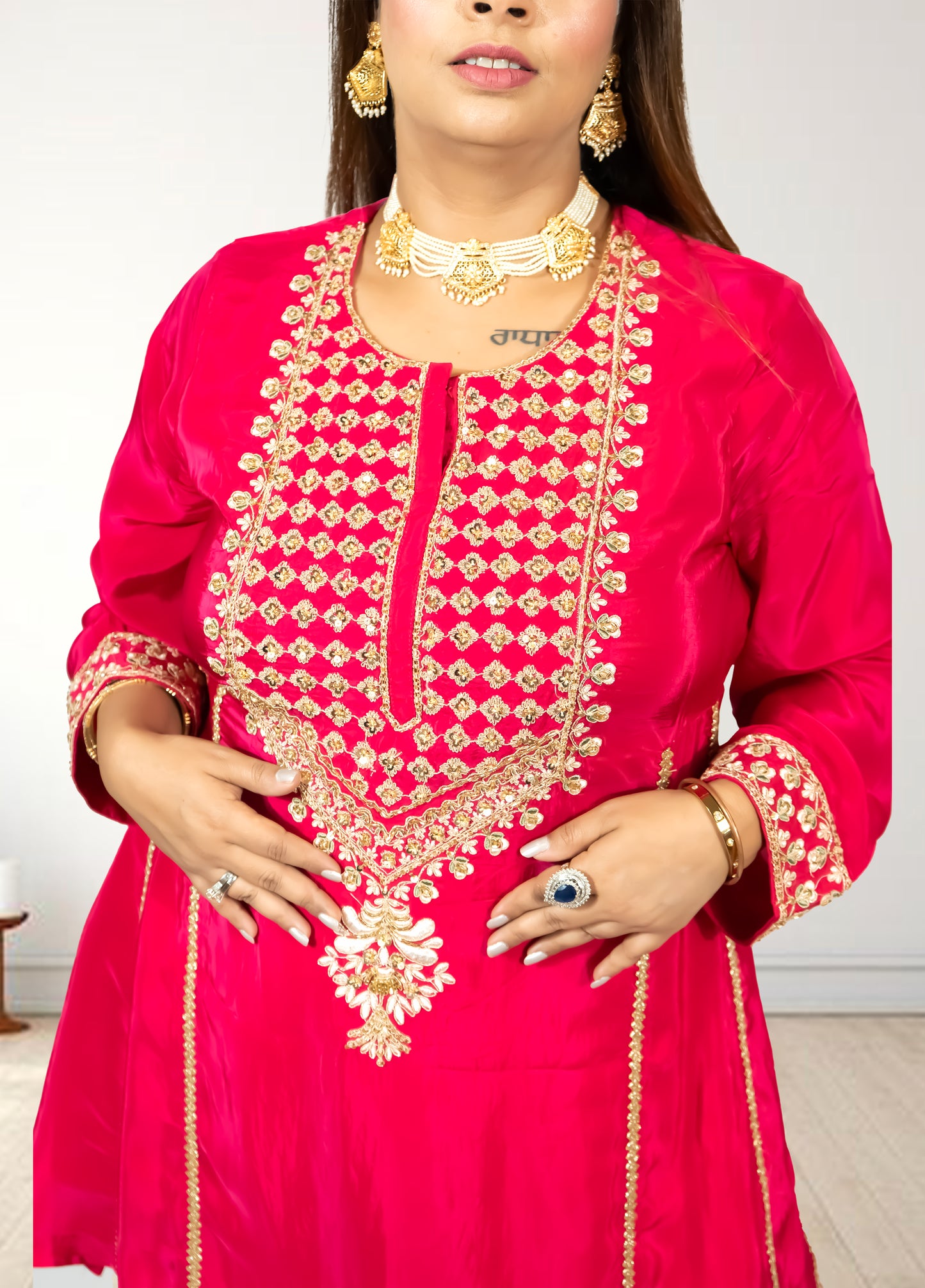 Pure Crape A-Line Cord Set with Brocket Palazzo | Jari, Sirozki & Cut Dana Work | Mustard & Hot Pink | Sizes L–XXL - Bebo N Lolo