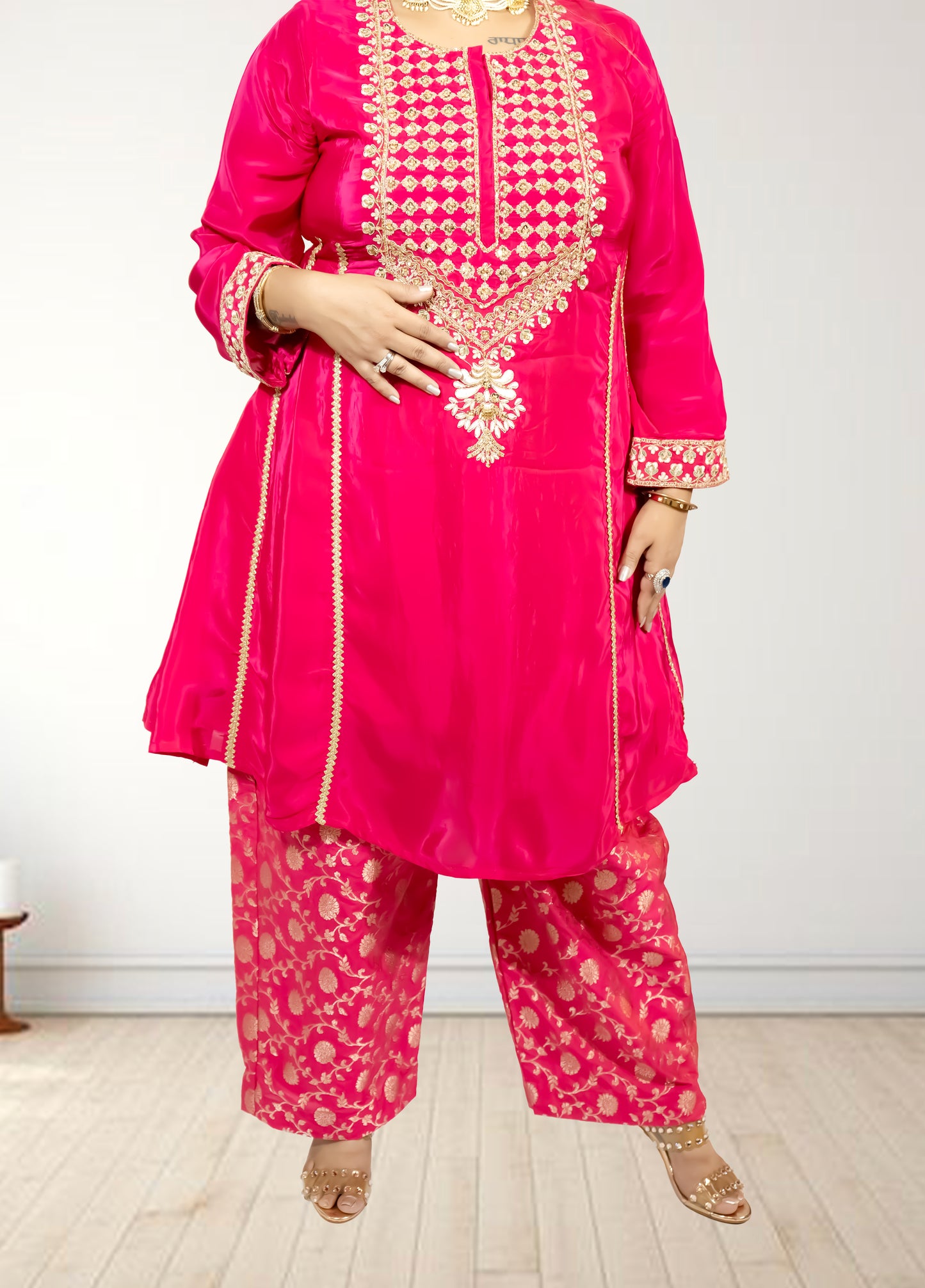 Pure Crape A-Line Cord Set with Brocket Palazzo | Jari, Sirozki & Cut Dana Work | Mustard & Hot Pink | Sizes L–XXL - Bebo N Lolo