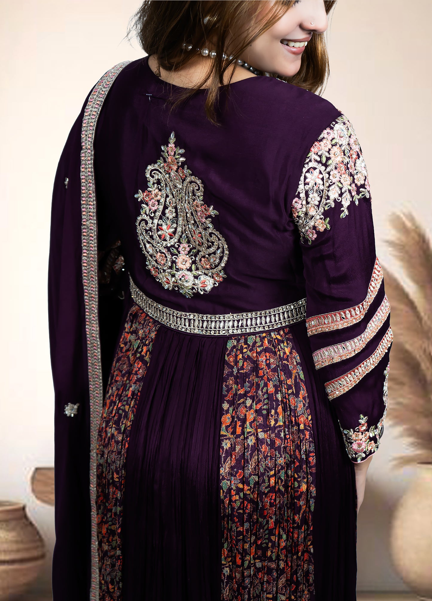 Wine Chinnon Anarkali with Pant & Four-Side Bordered Dupatta | Sequin & Dabka Work | Sizes M–XL - Bebo N Lolo