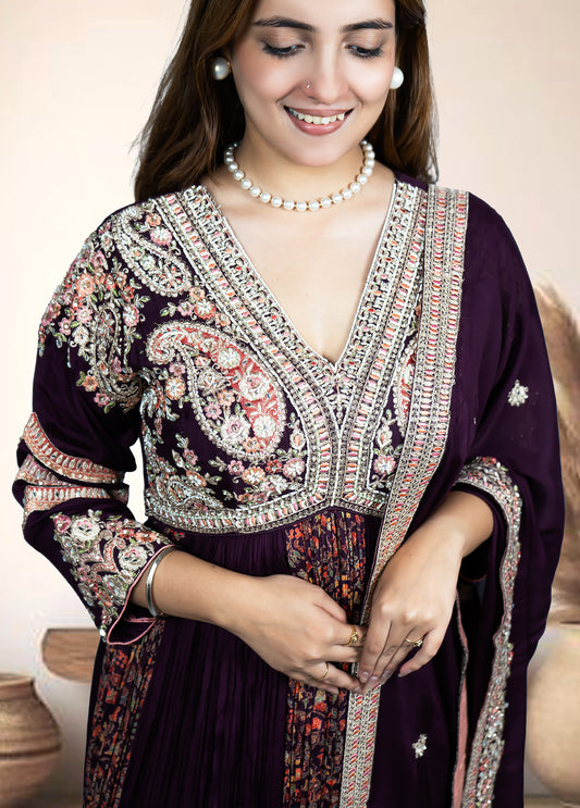 Wine Chinnon Anarkali with Pant & Four-Side Bordered Dupatta | Sequin & Dabka Work | Sizes M–XL - Bebo N Lolo