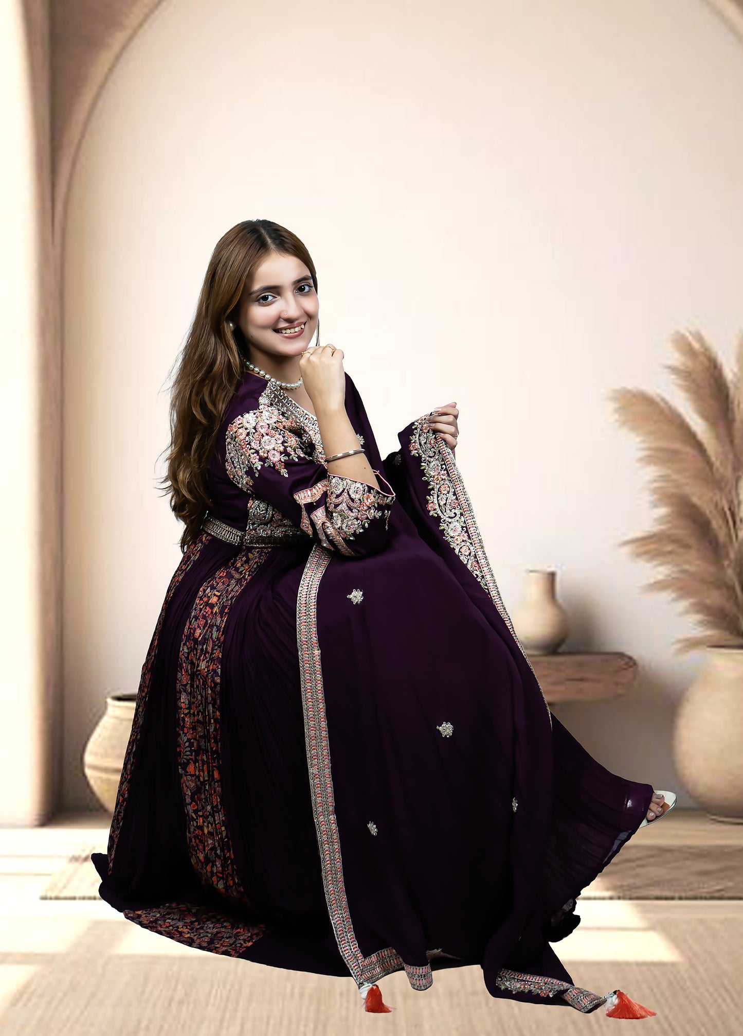 Wine Chinnon Anarkali with Pant & Four-Side Bordered Dupatta | Sequin & Dabka Work | Sizes M–XL - Bebo N Lolo