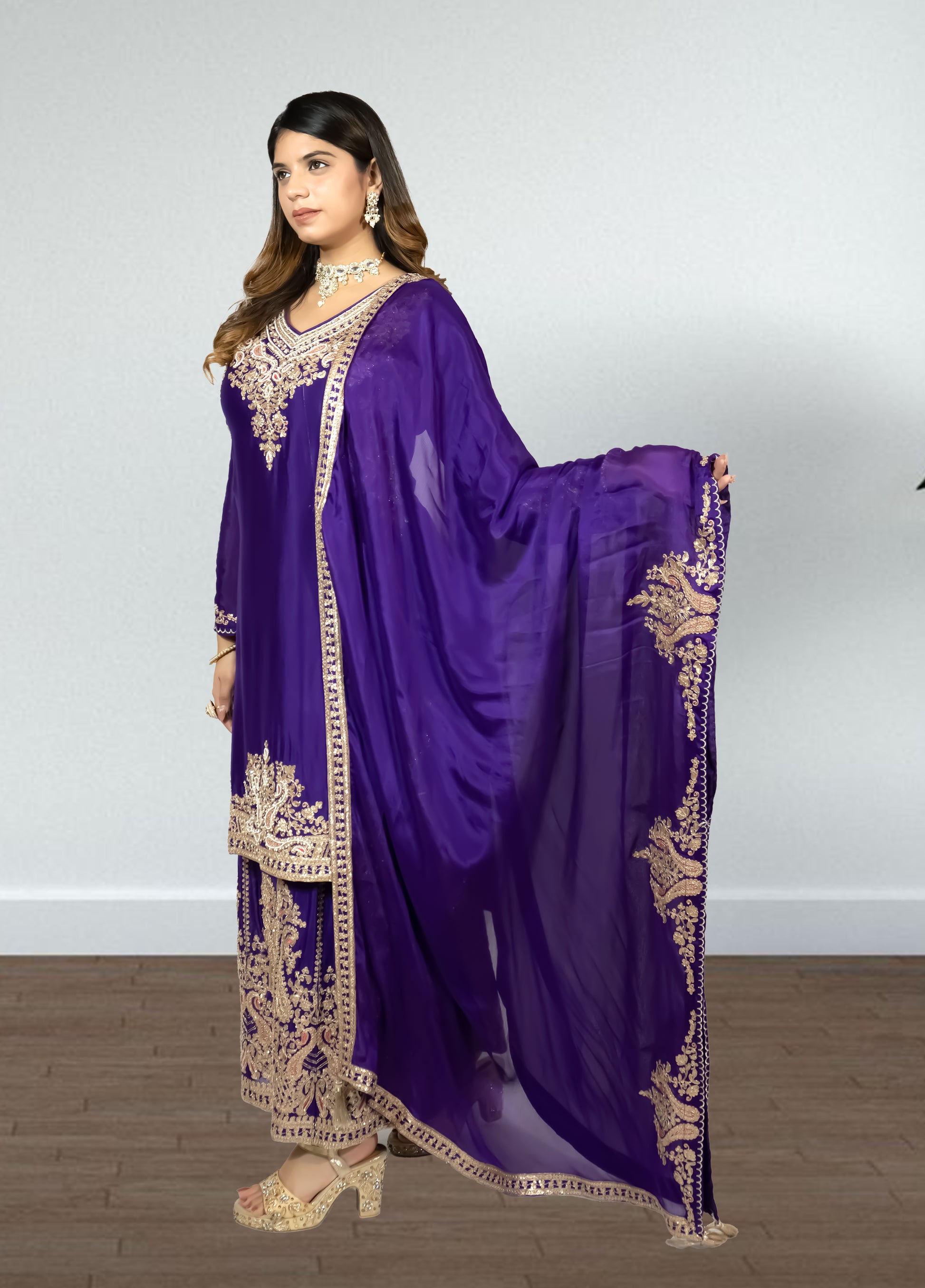 Purple Chinon Suit with Sharara & Dupatta | Jari & Handwork Embroidery | Sizes XL–XXL - Bebo N Lolo