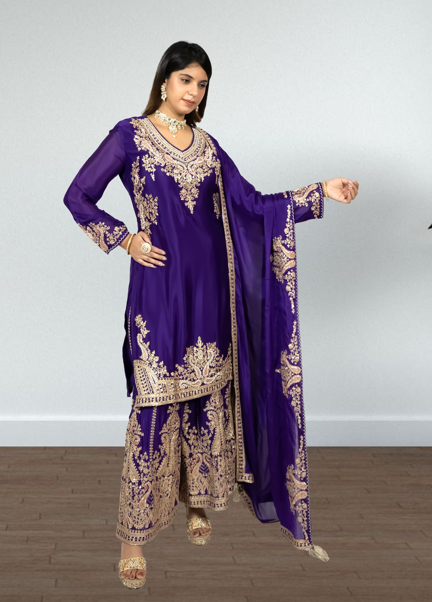 Purple Chinon Suit with Sharara & Dupatta | Jari & Handwork Embroidery | Sizes XL–XXL - Bebo N Lolo