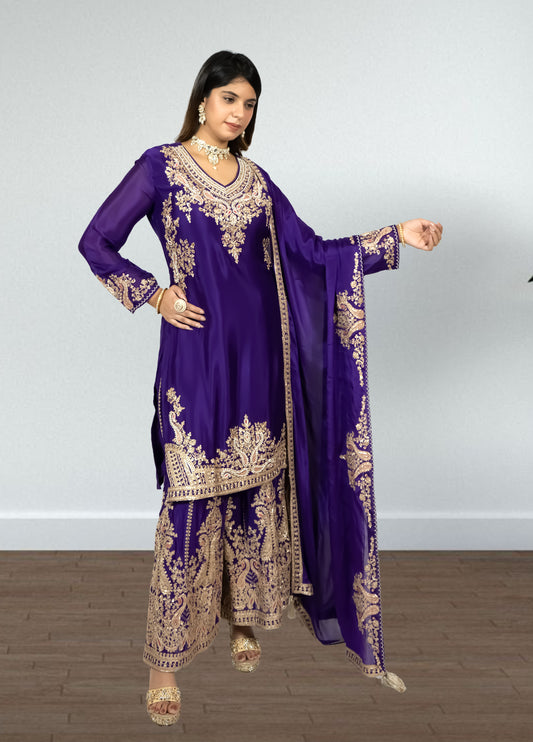 Purple Chinon Suit with Sharara & Dupatta | Jari & Handwork Embroidery | Sizes XL–XXL - Bebo N Lolo