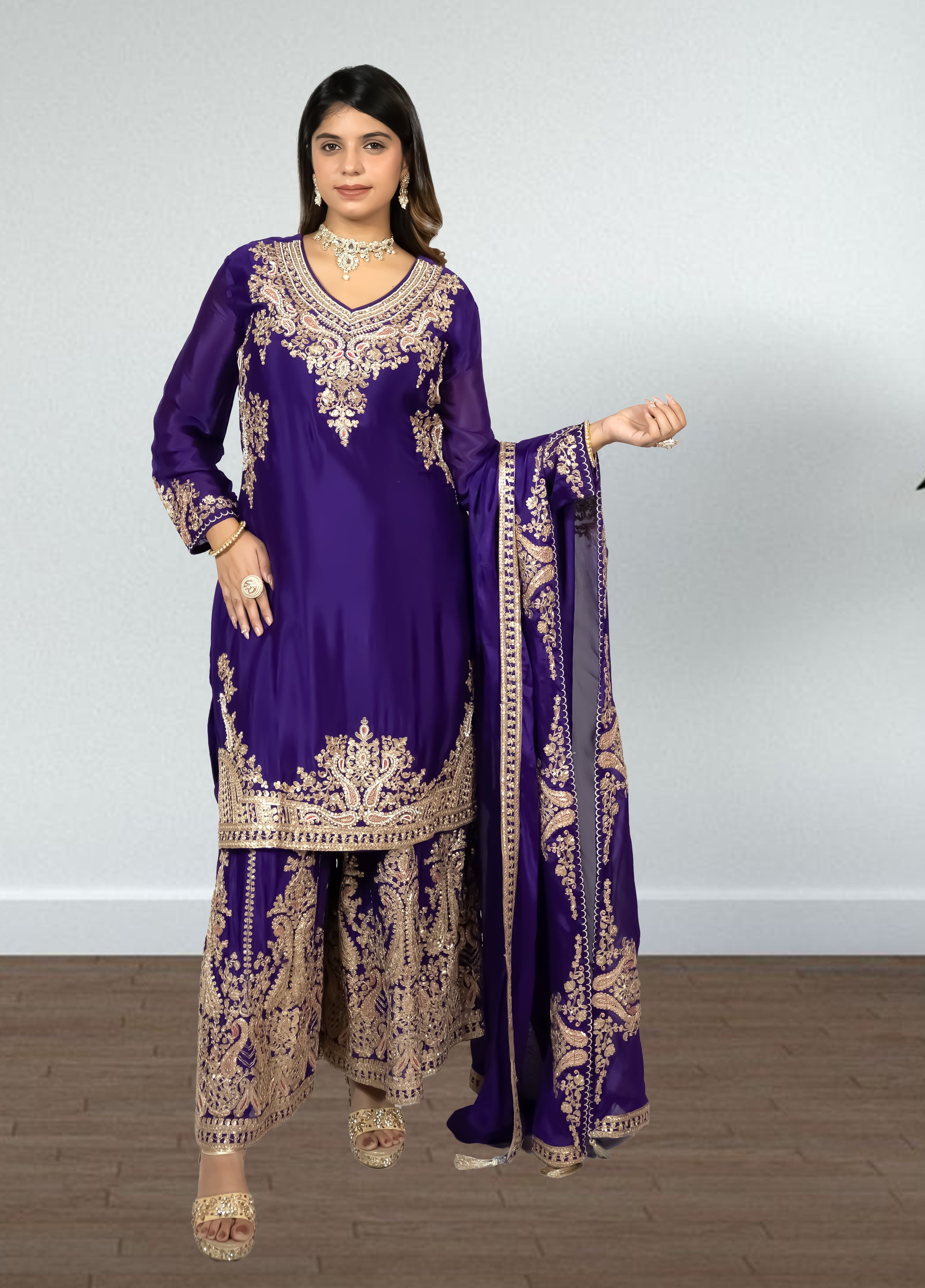 Purple Chinon Suit with Sharara & Dupatta | Jari & Handwork Embroidery | Sizes XL–XXL - Bebo N Lolo