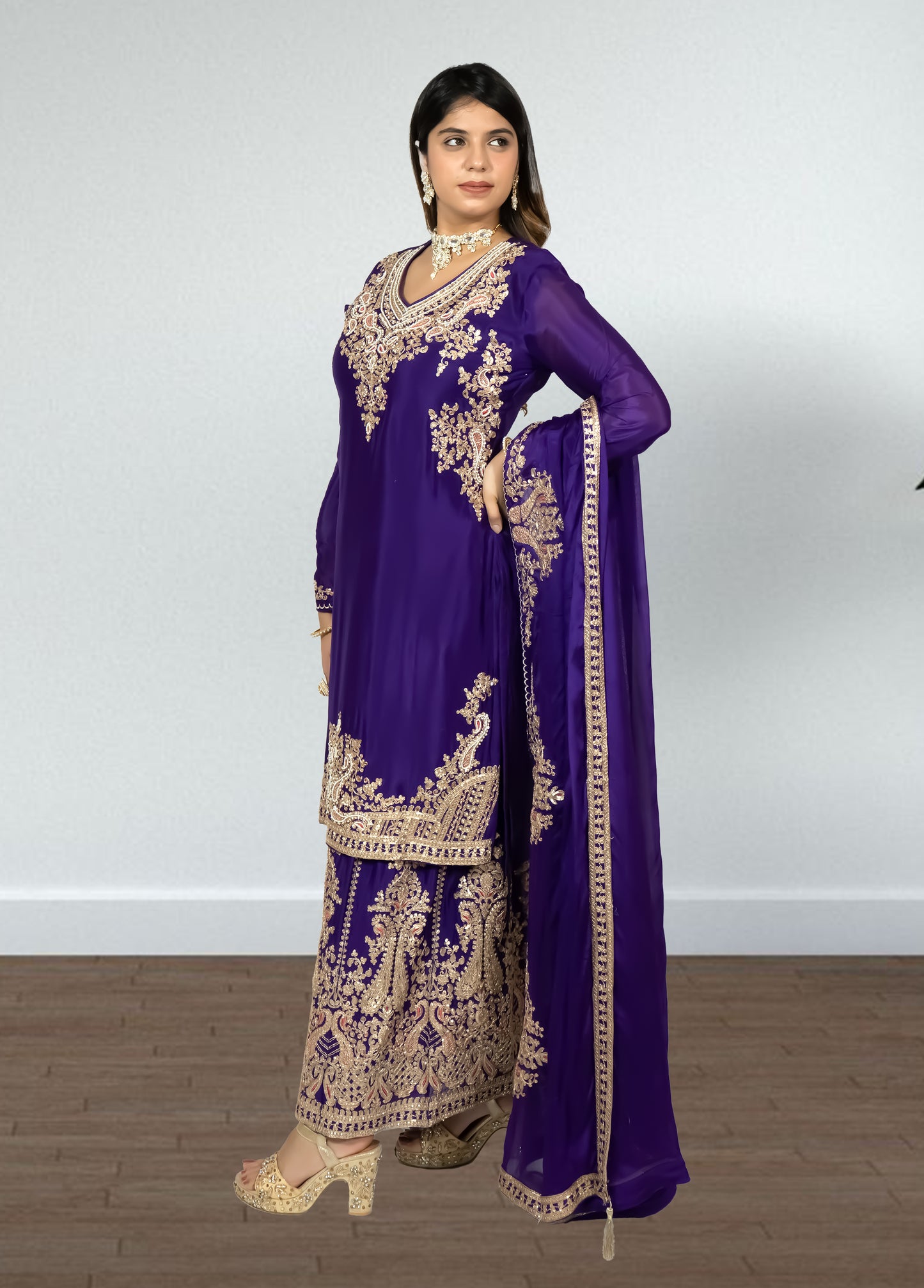 Purple Chinon Suit with Sharara & Dupatta | Jari & Handwork Embroidery | Sizes XL–XXL - Bebo N Lolo