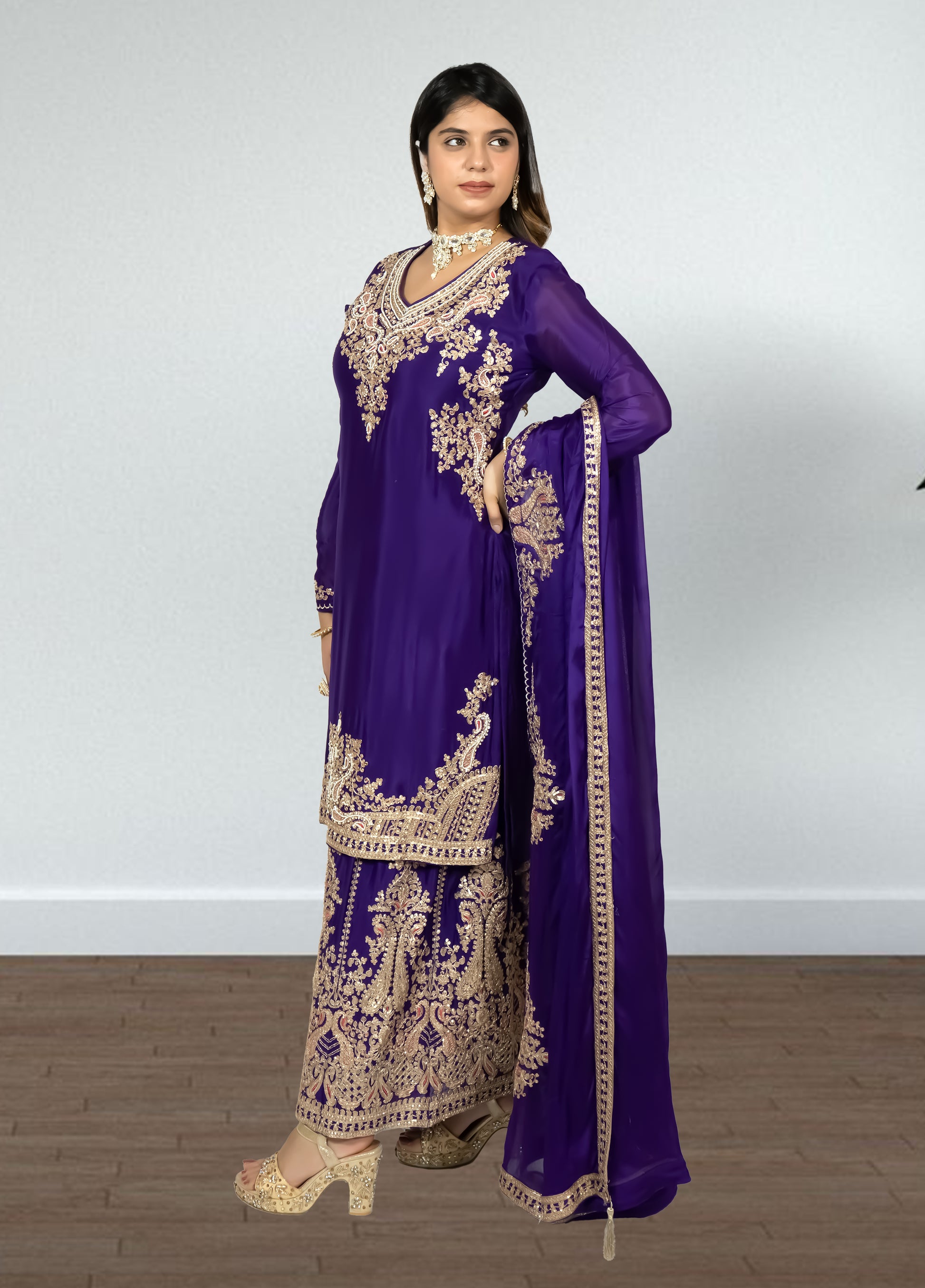 Purple Chinon Suit with Sharara & Dupatta | Jari & Handwork Embroidery | Sizes XL–XXL - Bebo N Lolo