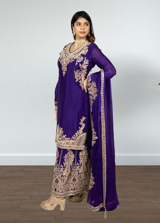 Purple Chinon Suit with Sharara & Dupatta | Jari & Handwork Embroidery | Sizes XL–XXL - Bebo N Lolo