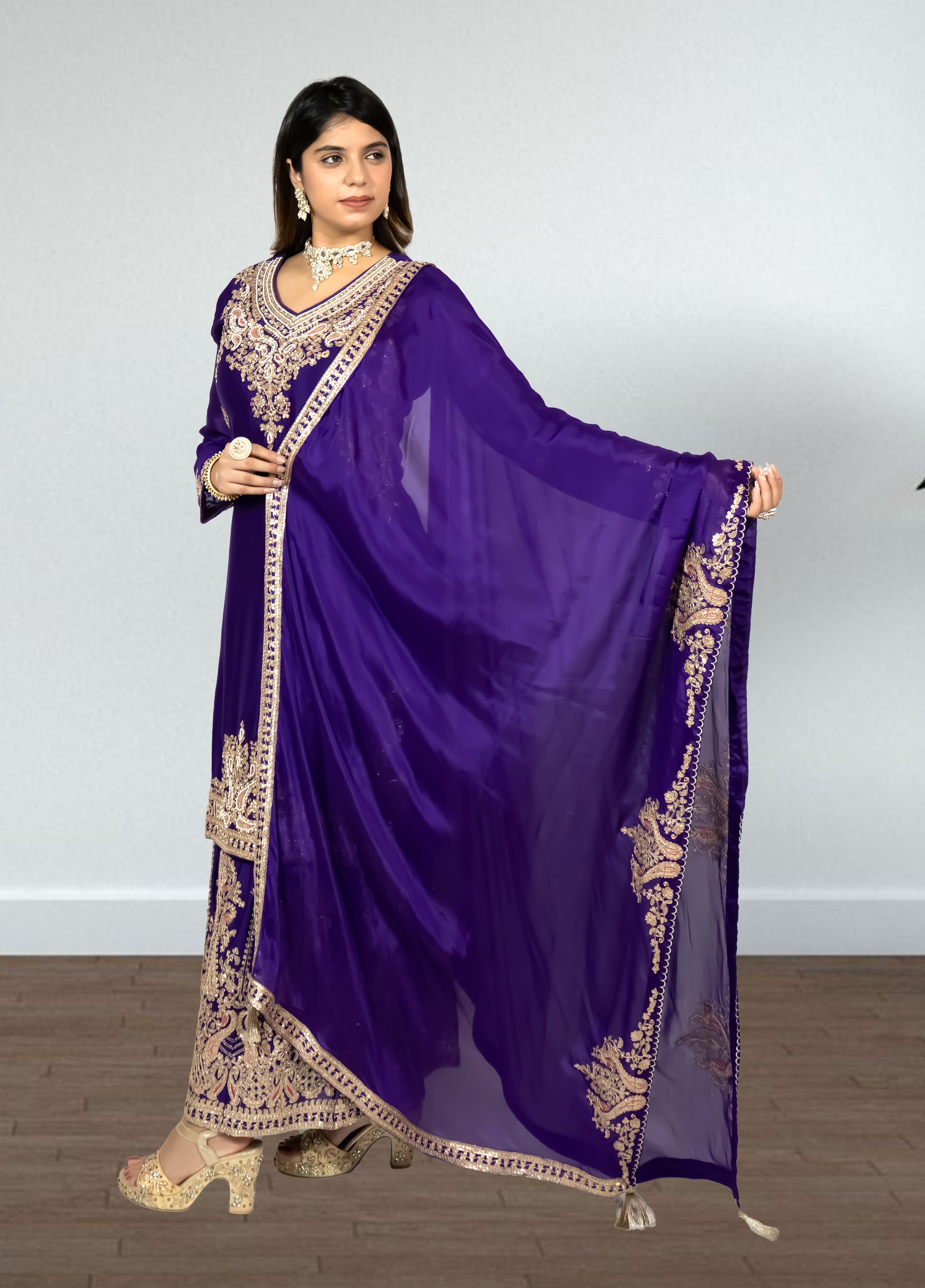 Purple Chinon Suit with Sharara & Dupatta | Jari & Handwork Embroidery | Sizes XL–XXL - Bebo N Lolo