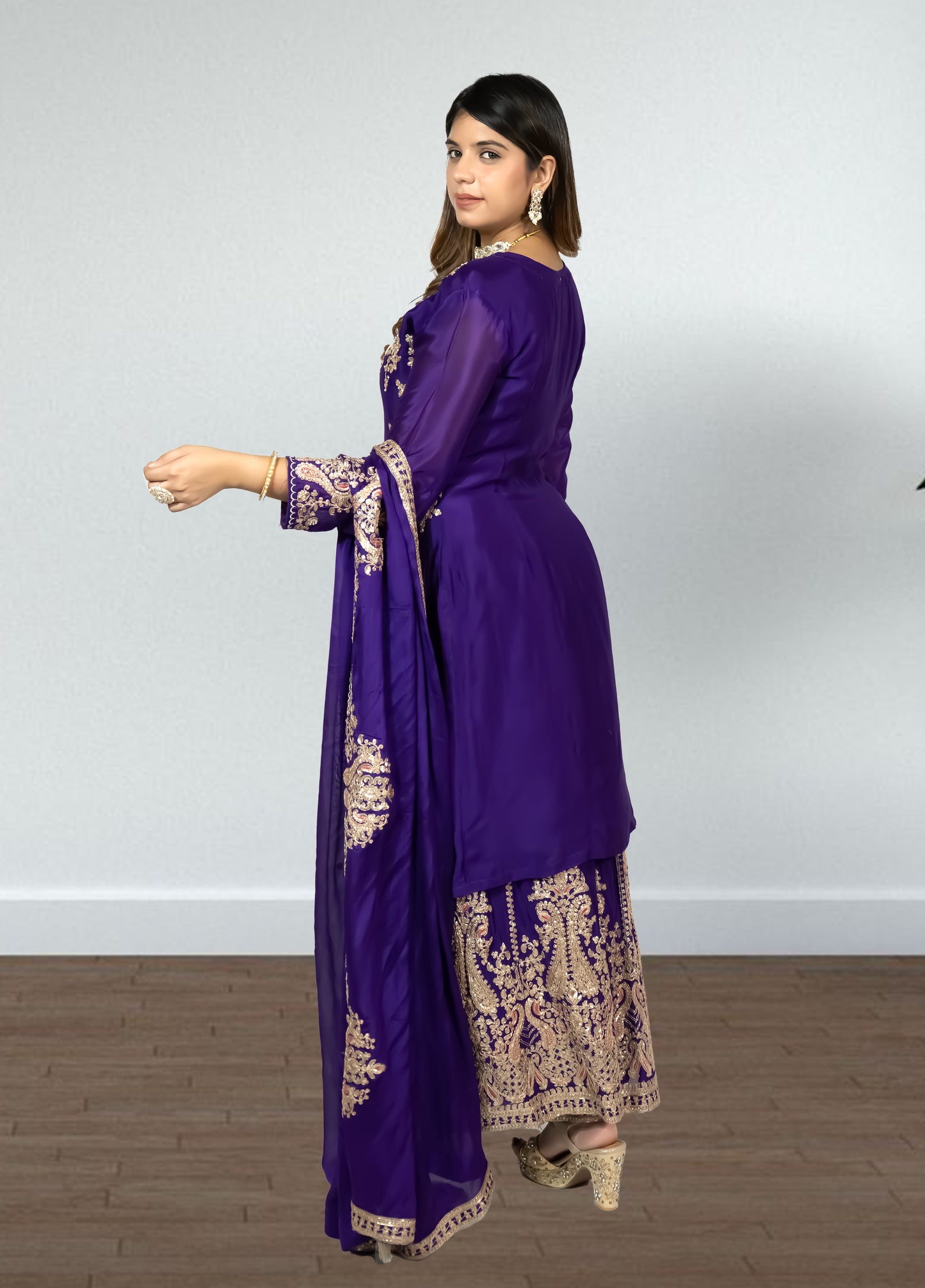 Purple Chinon Suit with Sharara & Dupatta | Jari & Handwork Embroidery | Sizes XL–XXL - Bebo N Lolo