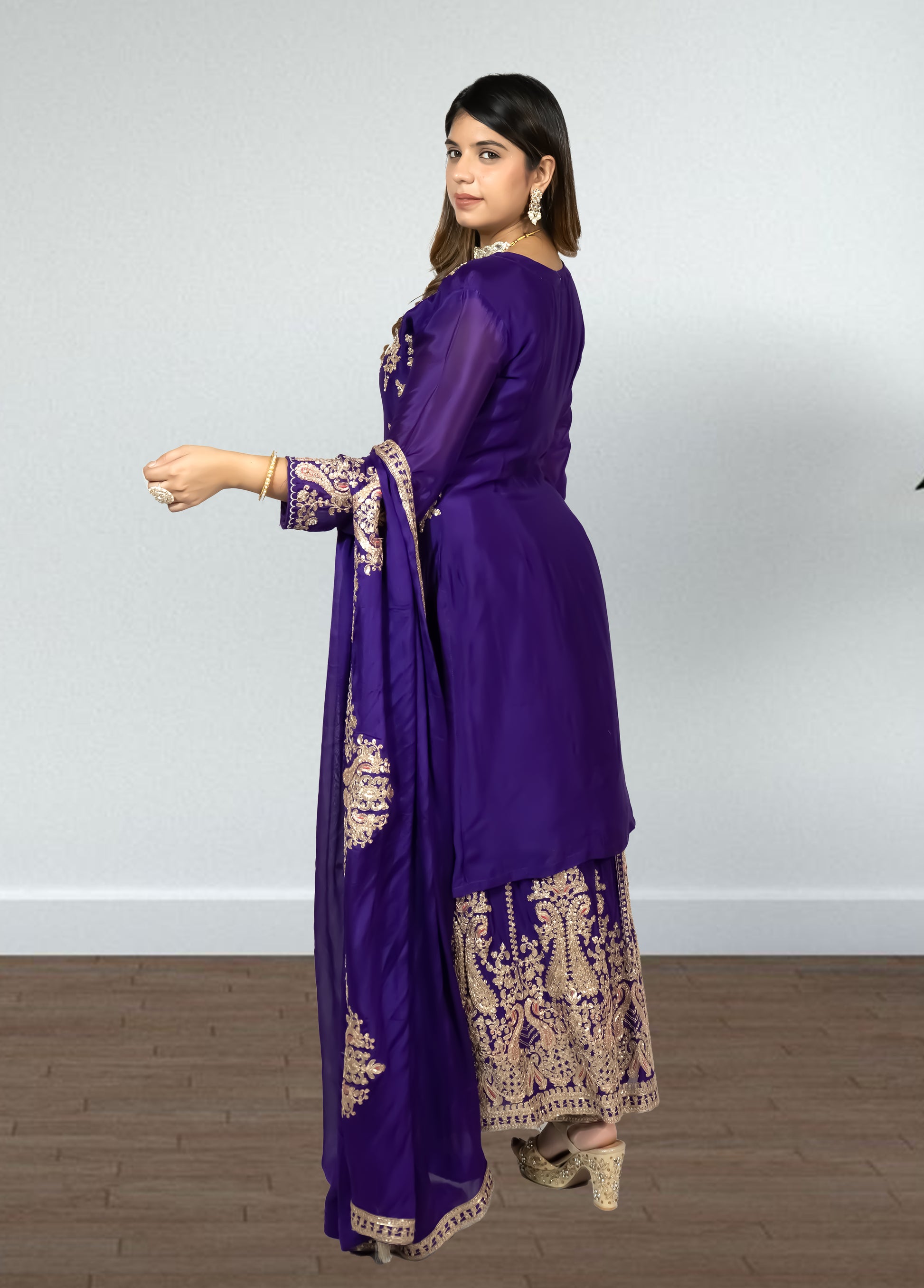Purple Chinon Suit with Sharara & Dupatta | Jari & Handwork Embroidery | Sizes XL–XXL - Bebo N Lolo