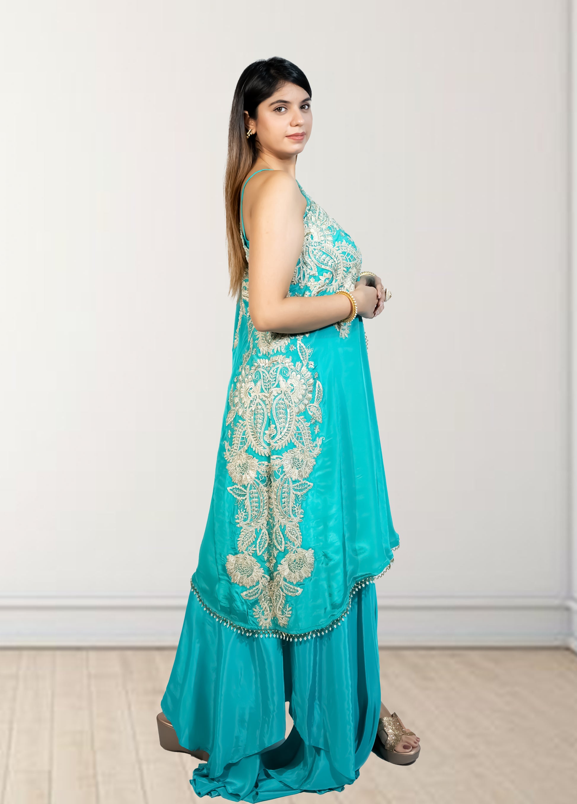 Rama Green Off-Shoulder Cape with Sharara & Breastiser | Pearl, Lace, Cut Dana & Sequence Work | Indo Western | Sizes L–XXL - Bebo N Lolo