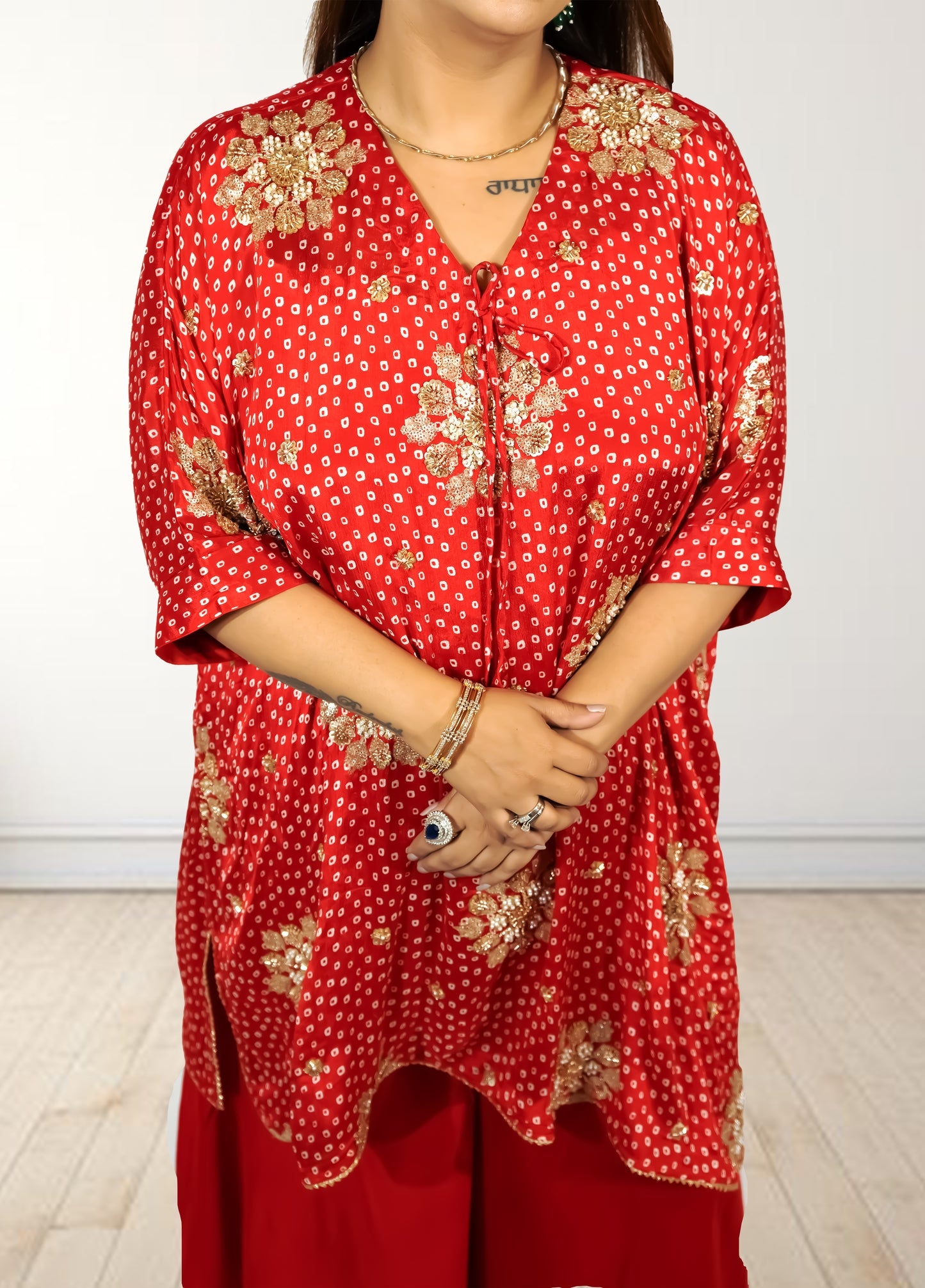 Red Chinon Bandhani Print Loose Palazzo Choga | Sequence & Cut Dana Work - Bebo N Lolo