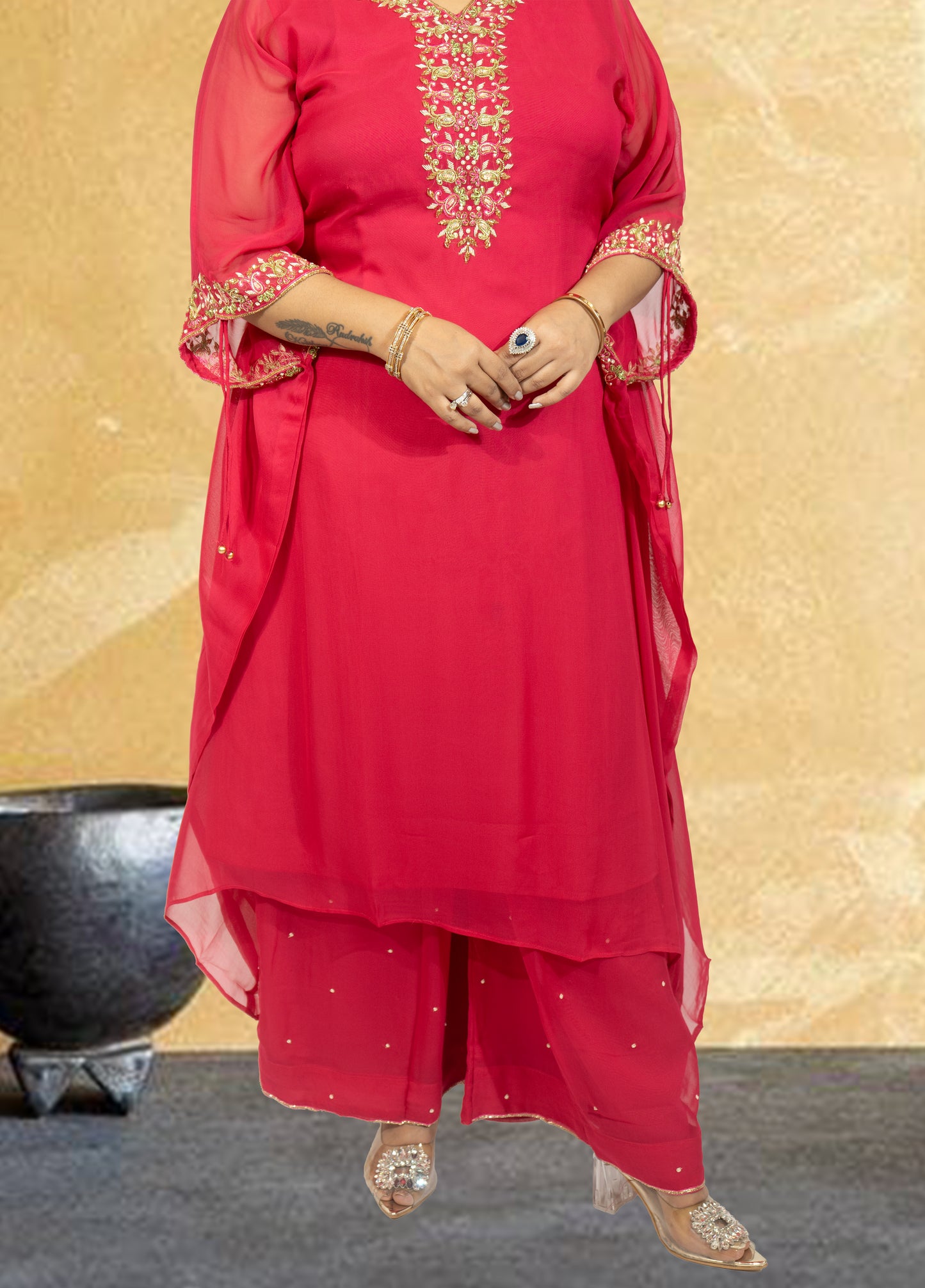 Hot Pink Crape Kaftan with Palazzo | Cut Dana & Sequence Embroidery | Sizes L–XXL - Bebo N Lolo
