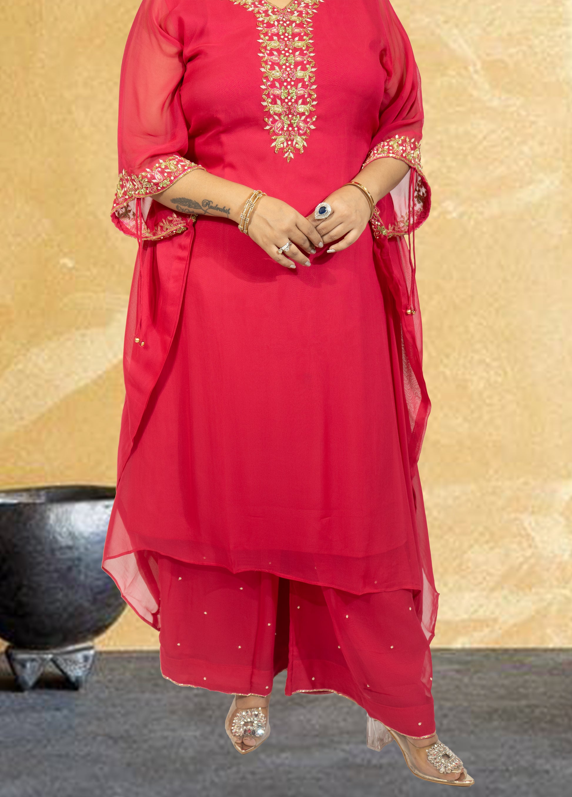Hot Pink Crape Kaftan with Palazzo | Cut Dana & Sequence Embroidery | Sizes L–XXL - Bebo N Lolo