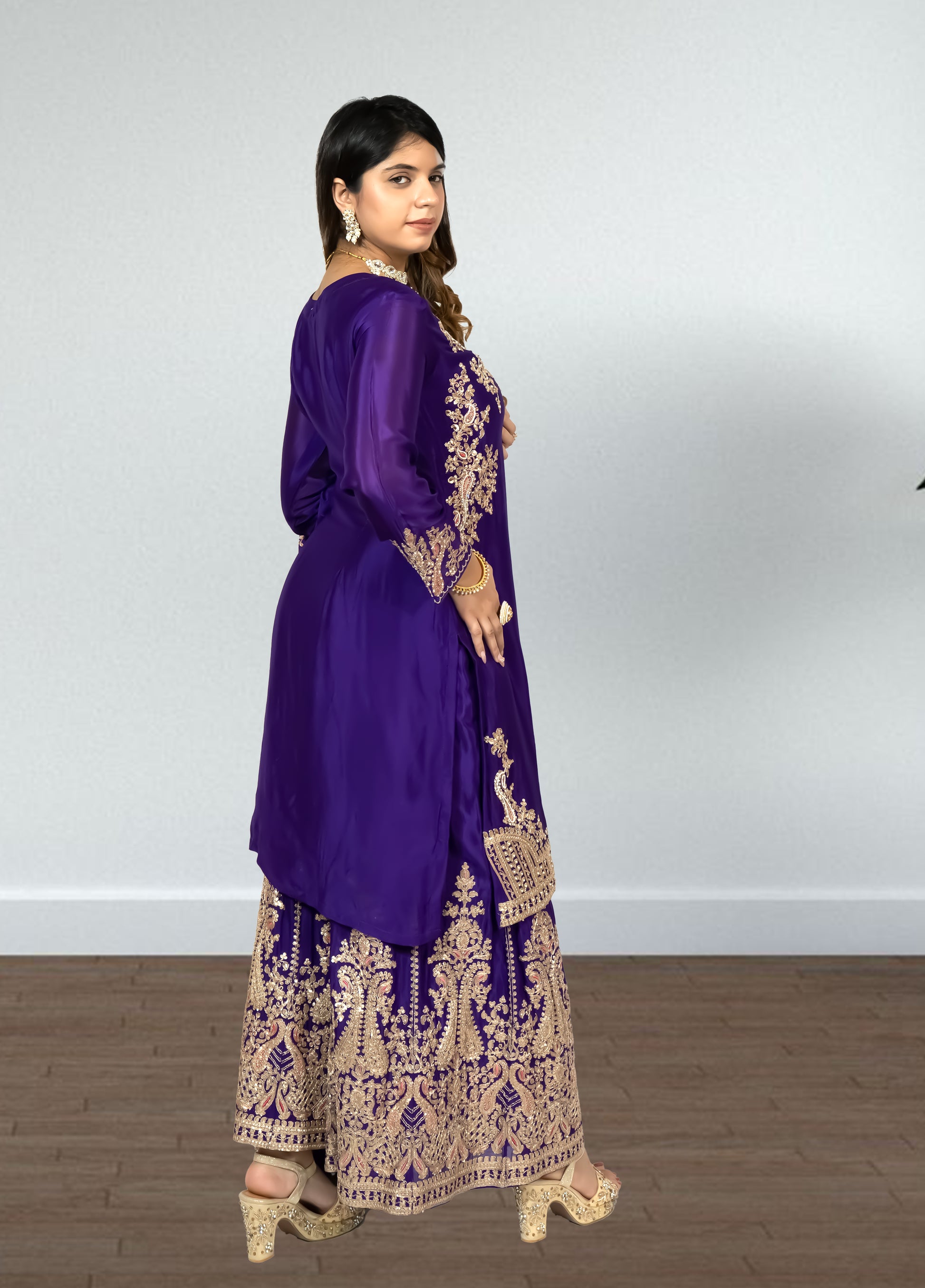Purple Chinon Suit with Sharara & Dupatta | Jari & Handwork Embroidery | Sizes XL–XXL - Bebo N Lolo