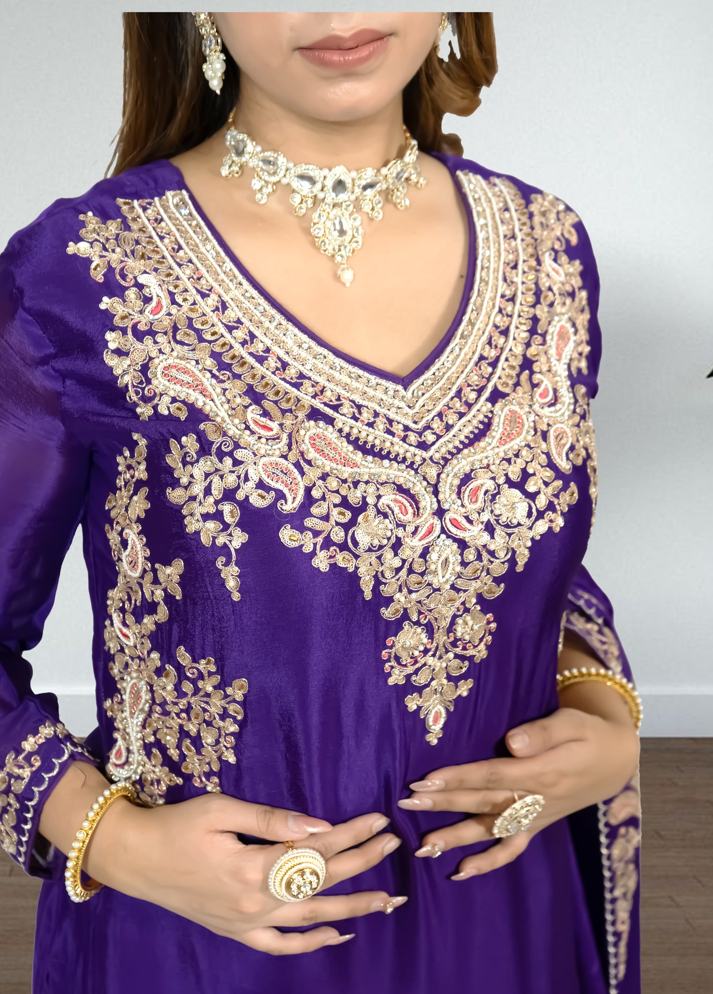 Purple Chinon Suit with Sharara & Dupatta | Jari & Handwork Embroidery | Sizes XL–XXL - Bebo N Lolo