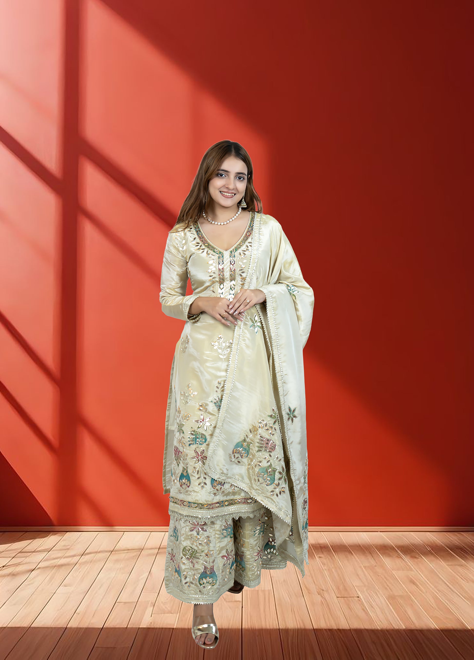 Off White Shimmer Tissue Garara Suit with Long Shirt & Heavy Dupatta | Gotta Patti Work | S–L Sizes - Bebo N Lolo