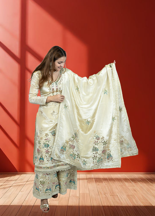 Off White Shimmer Tissue Garara Suit with Long Shirt & Heavy Dupatta | Gotta Patti Work | S–L Sizes - Bebo N Lolo