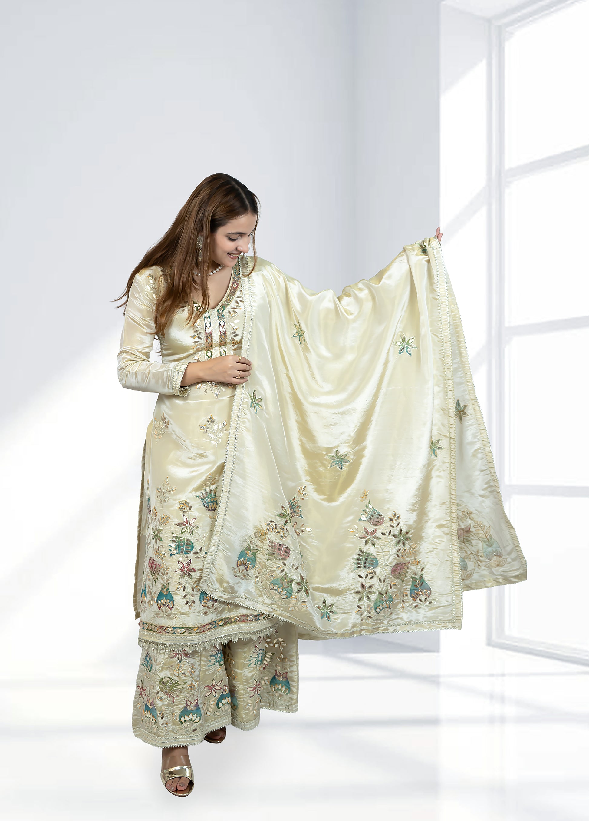 Off White Shimmer Tissue Garara Suit with Long Shirt & Heavy Dupatta | Gotta Patti Work | S–L Sizes - Bebo N Lolo