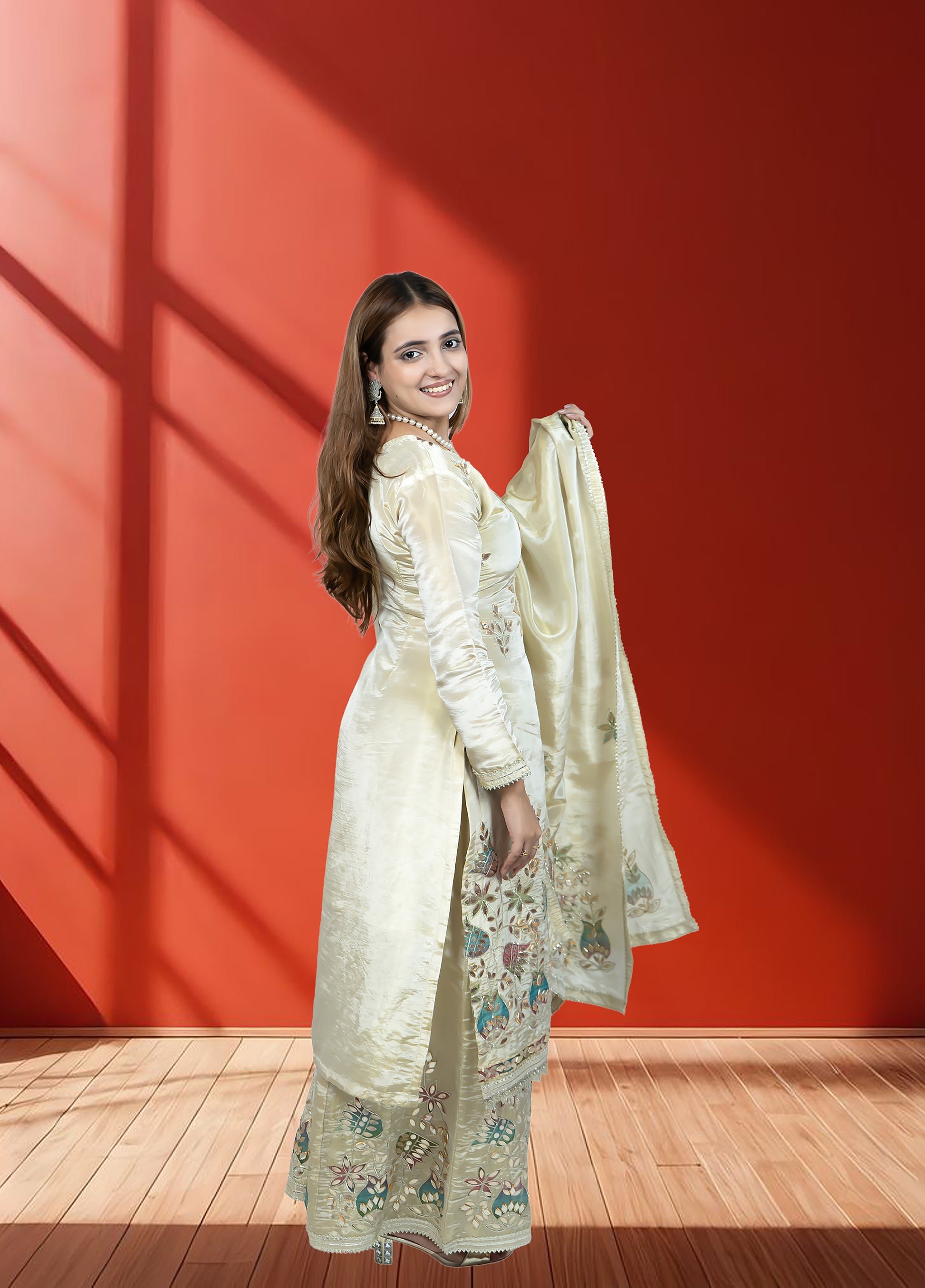 Off White Shimmer Tissue Garara Suit with Long Shirt & Heavy Dupatta | Gotta Patti Work | S–L Sizes - Bebo N Lolo