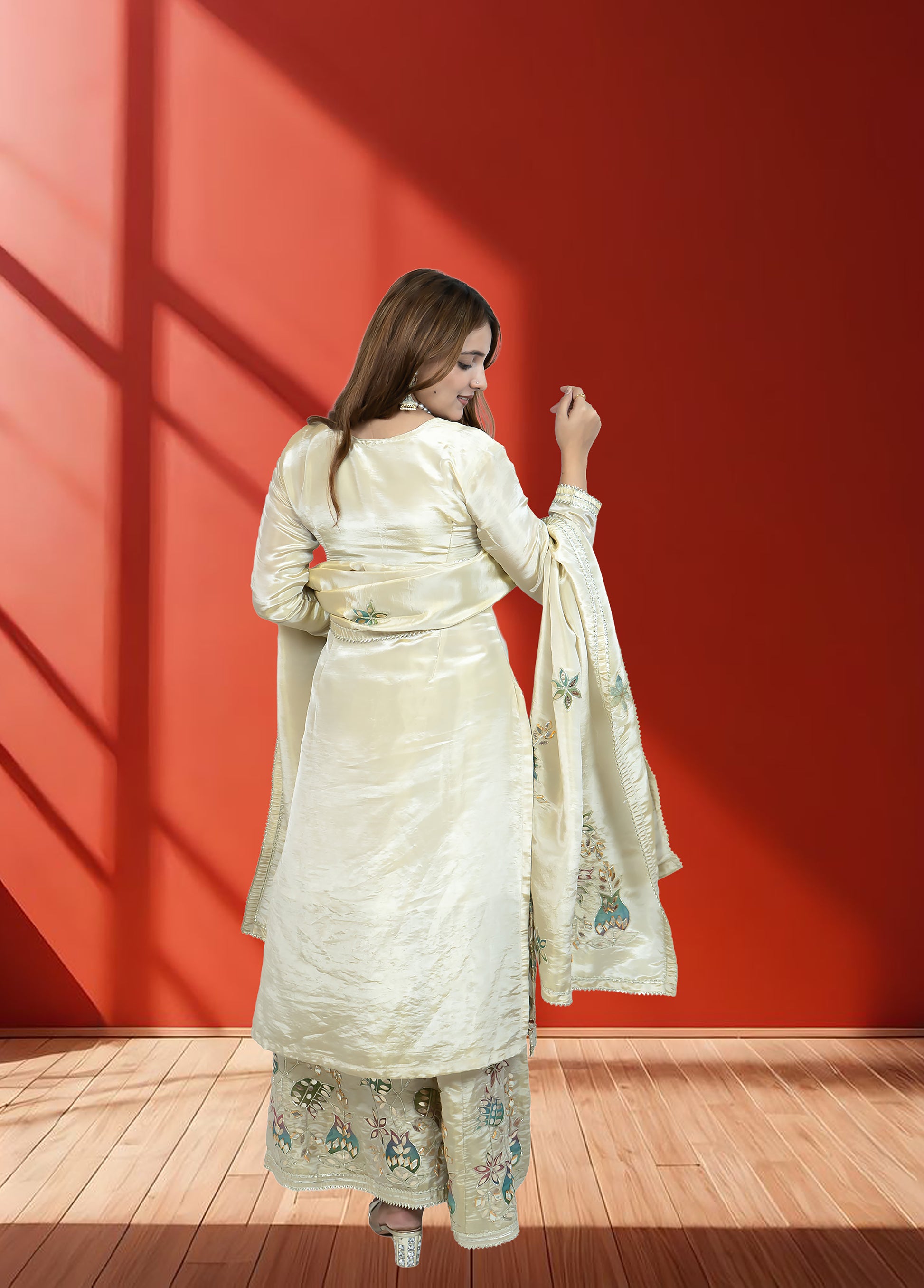 Off White Shimmer Tissue Garara Suit with Long Shirt & Heavy Dupatta | Gotta Patti Work | S–L Sizes - Bebo N Lolo