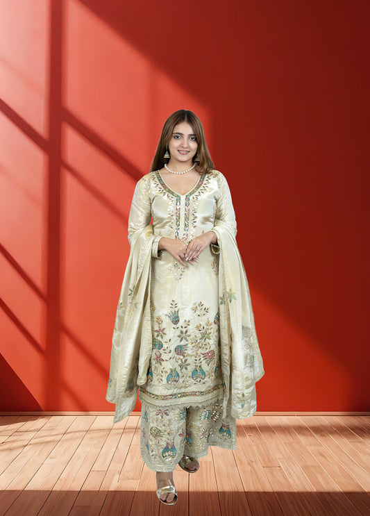 Off White Shimmer Tissue Garara Suit with Long Shirt & Heavy Dupatta | Gotta Patti Work | S–L Sizes - Bebo N Lolo
