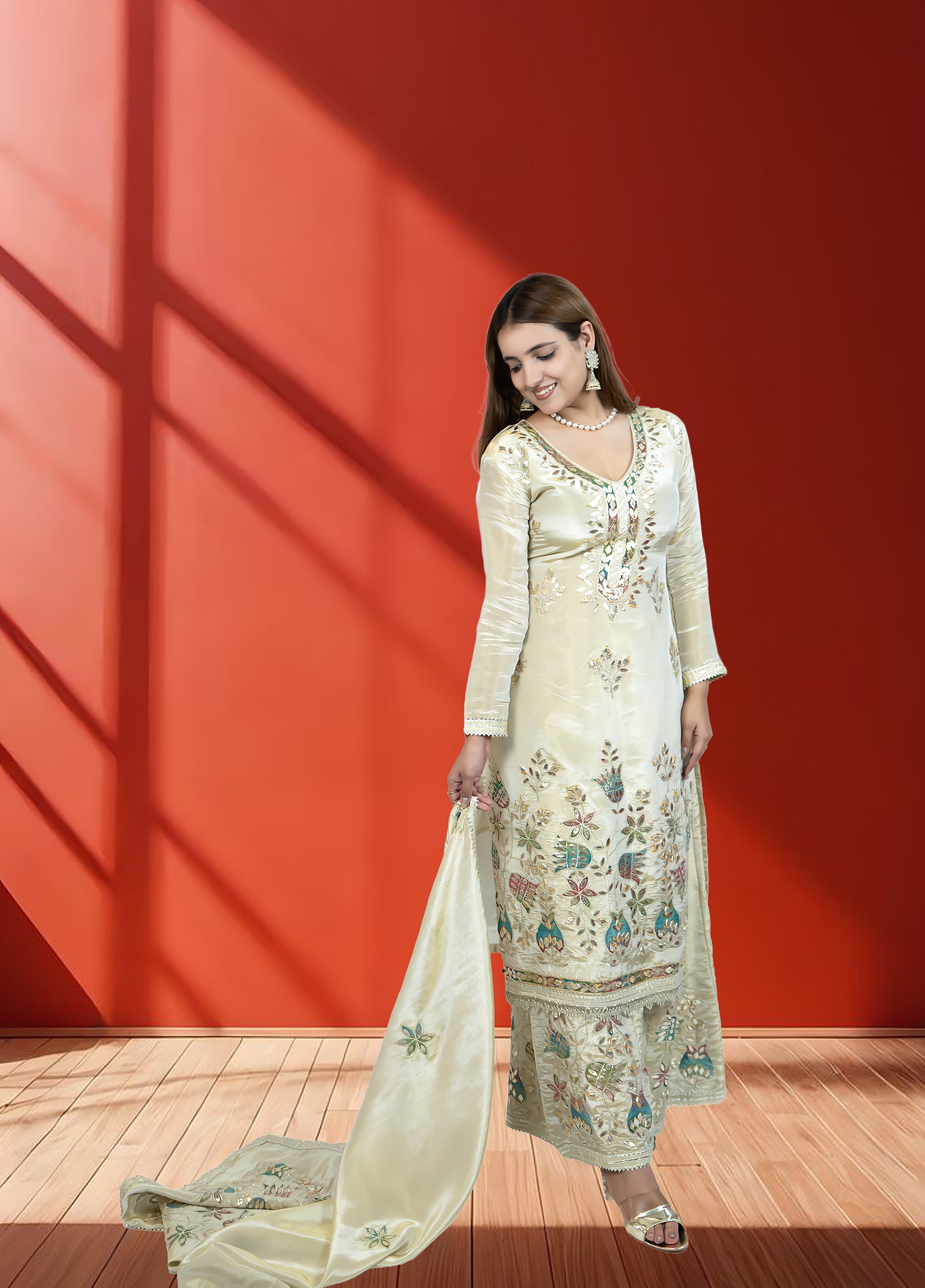 Off White Shimmer Tissue Garara Suit with Long Shirt & Heavy Dupatta | Gotta Patti Work | S–L Sizes - Bebo N Lolo