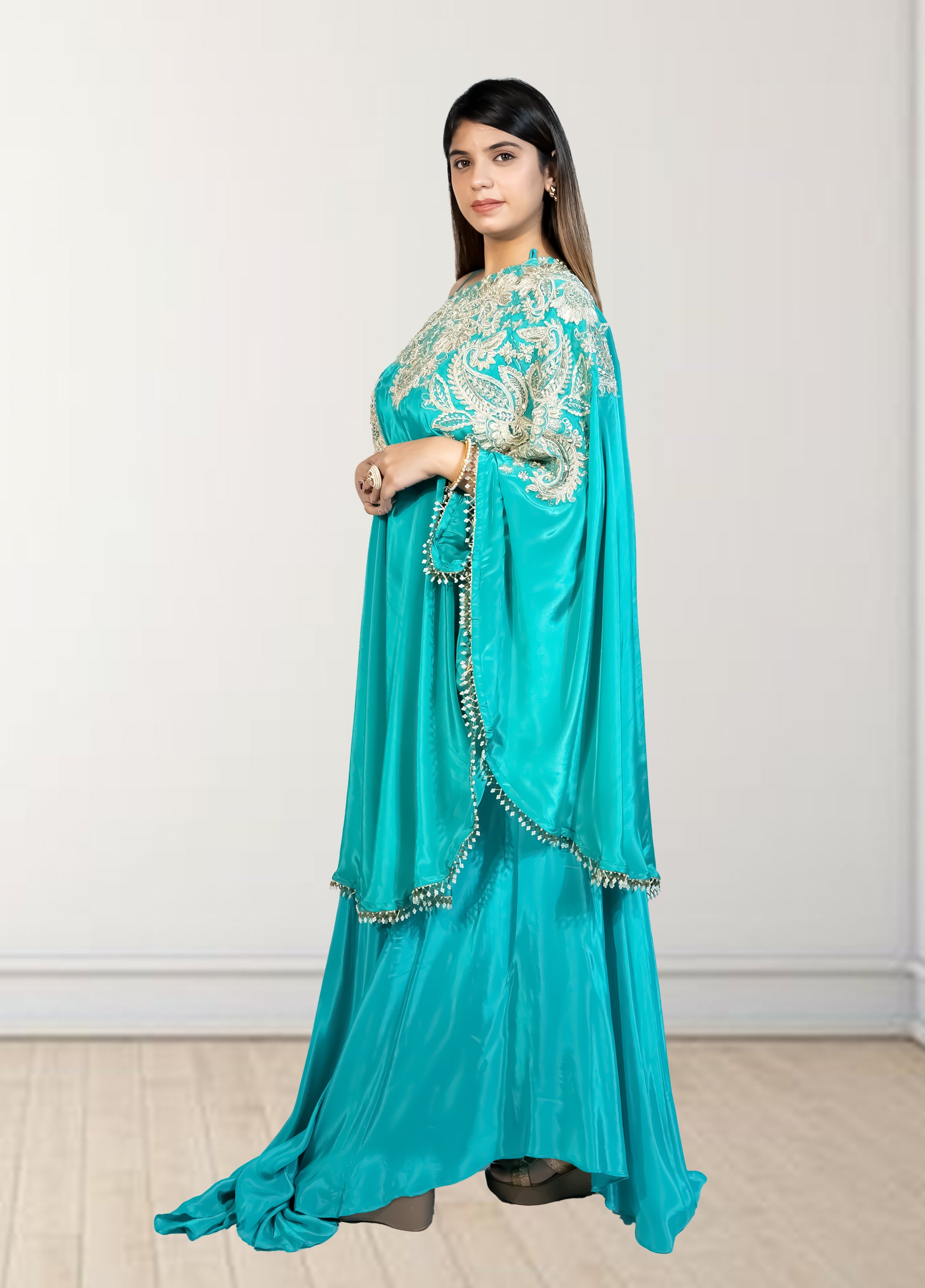 Rama Green Off-Shoulder Cape with Sharara & Breastiser | Pearl, Lace, Cut Dana & Sequence Work | Indo Western | Sizes L–XXL - Bebo N Lolo