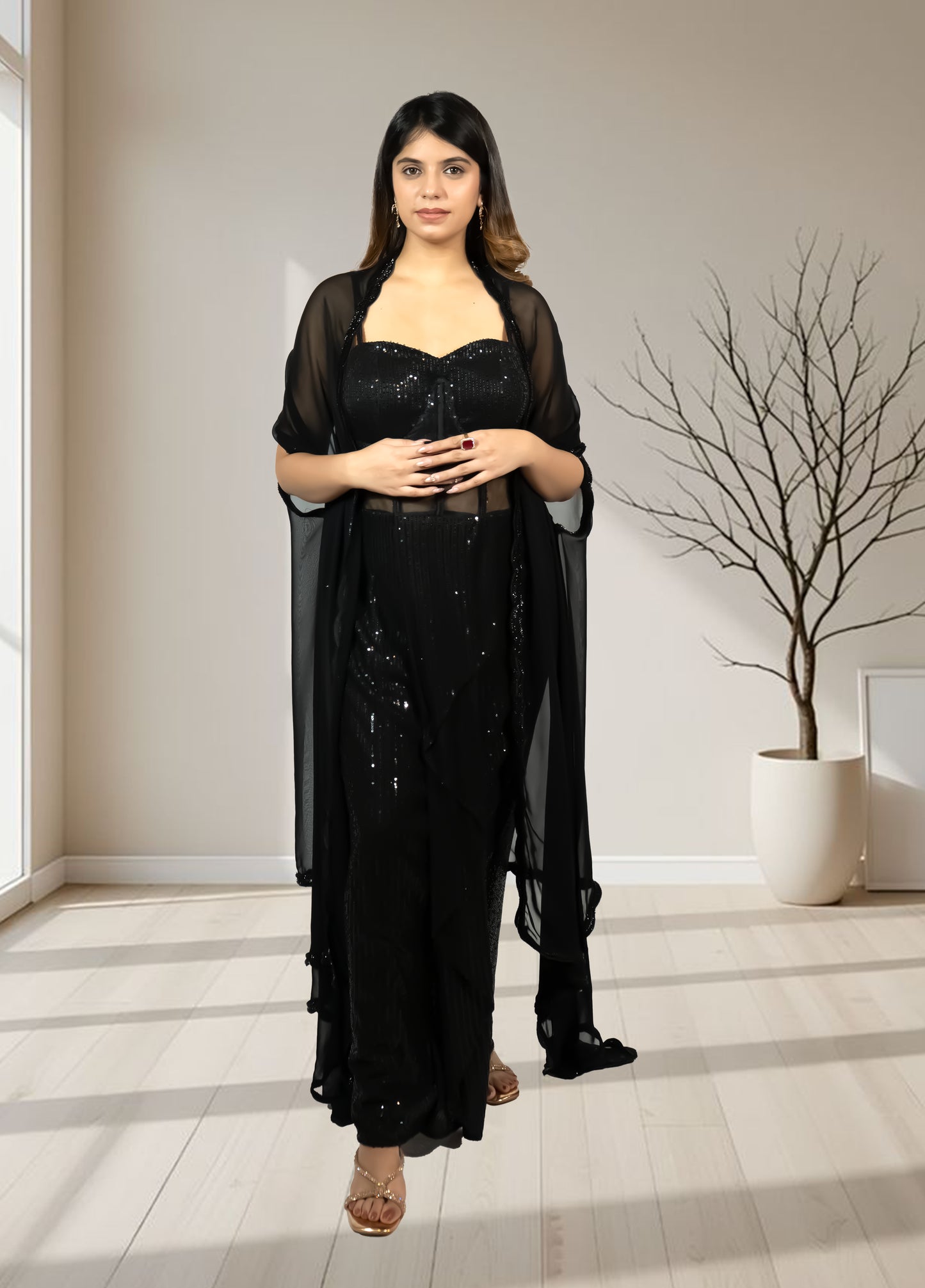 Black Pure Georgette Indo-Western Gown with Cape | Sequence & Cut Dana Work | XS–4XL sizes - Bebo N Lolo