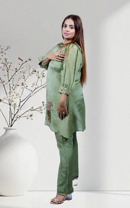 Ethereal Green Soft Simmer Crush Co-ord Set for Women | Beaded Elephant Motif | Sizes XS–5XL - Bebo N Lolo