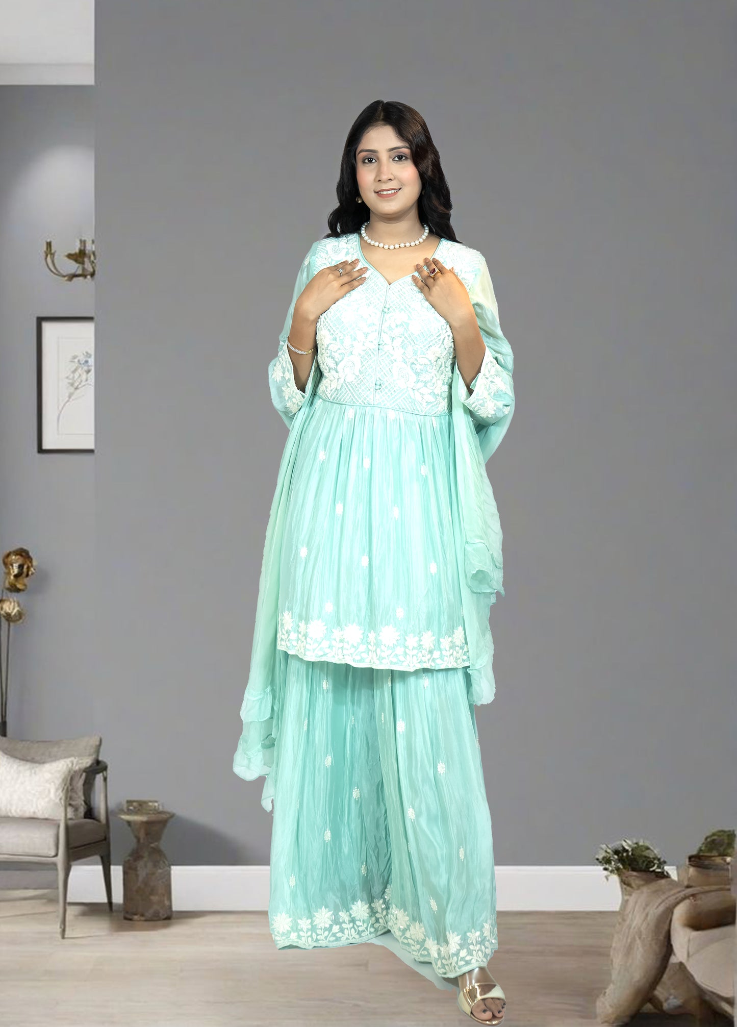 Mint Green Pure Shinon Short Anarkali with Sharara | Thread, Sequin & Hand Work | Sizes L–XXL - Bebo N Lolo