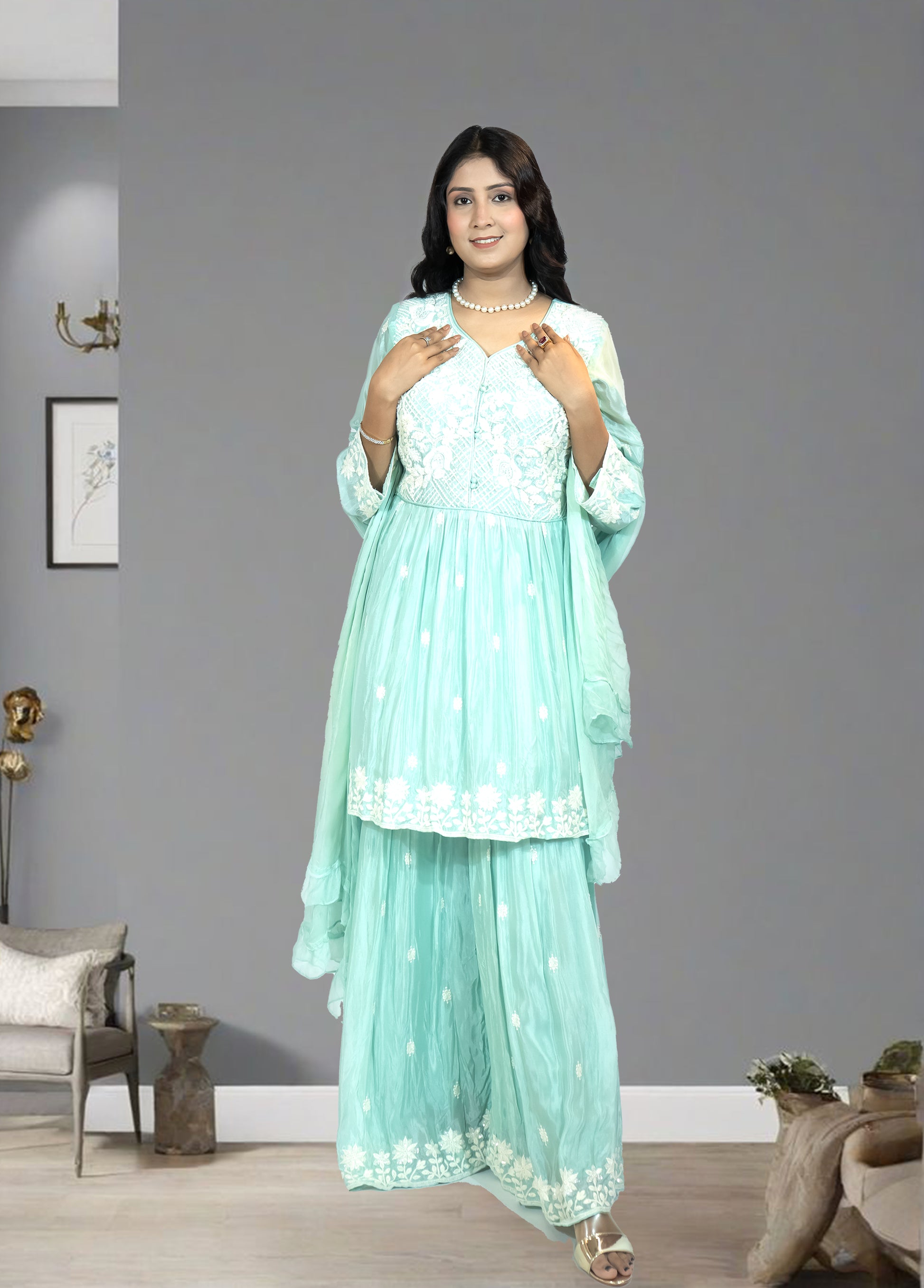 Mint Green Pure Shinon Short Anarkali with Sharara | Thread, Sequin & Hand Work | Sizes L–XXL - Bebo N Lolo