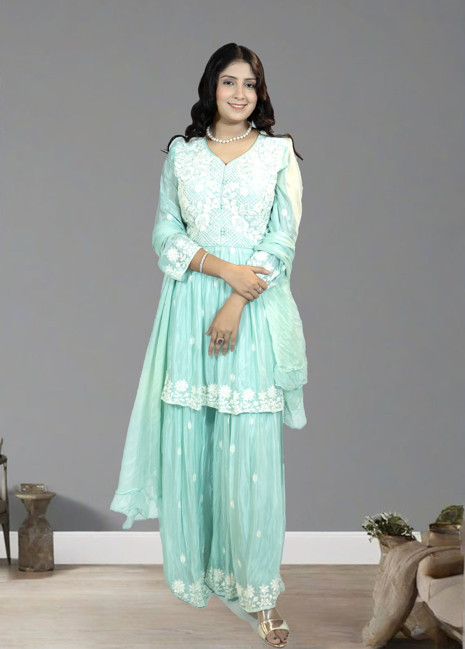 Mint Green Pure Shinon Short Anarkali with Sharara | Thread, Sequin & Hand Work | Sizes L–XXL - Bebo N Lolo