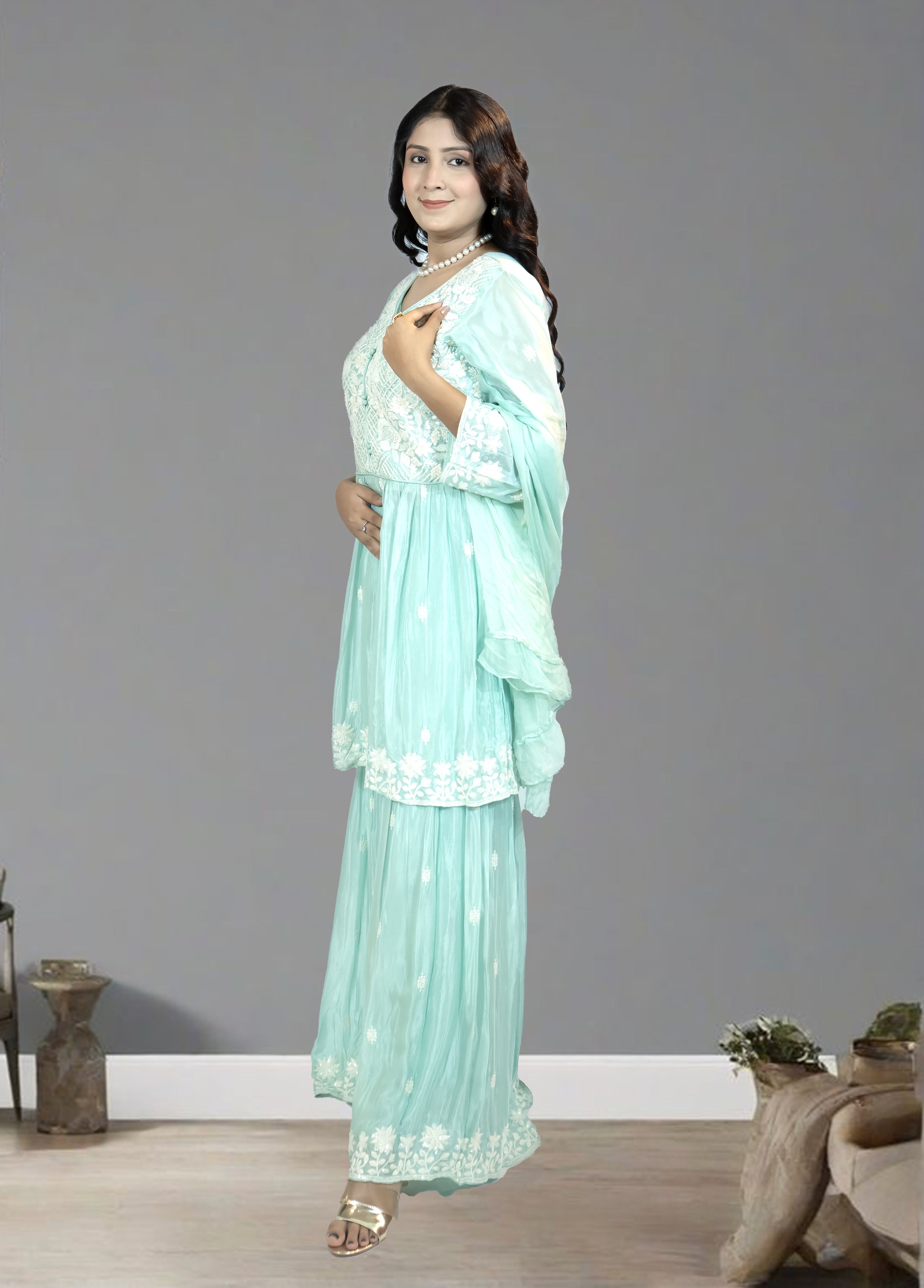 Mint Green Pure Shinon Short Anarkali with Sharara | Thread, Sequin & Hand Work | Sizes L–XXL - Bebo N Lolo
