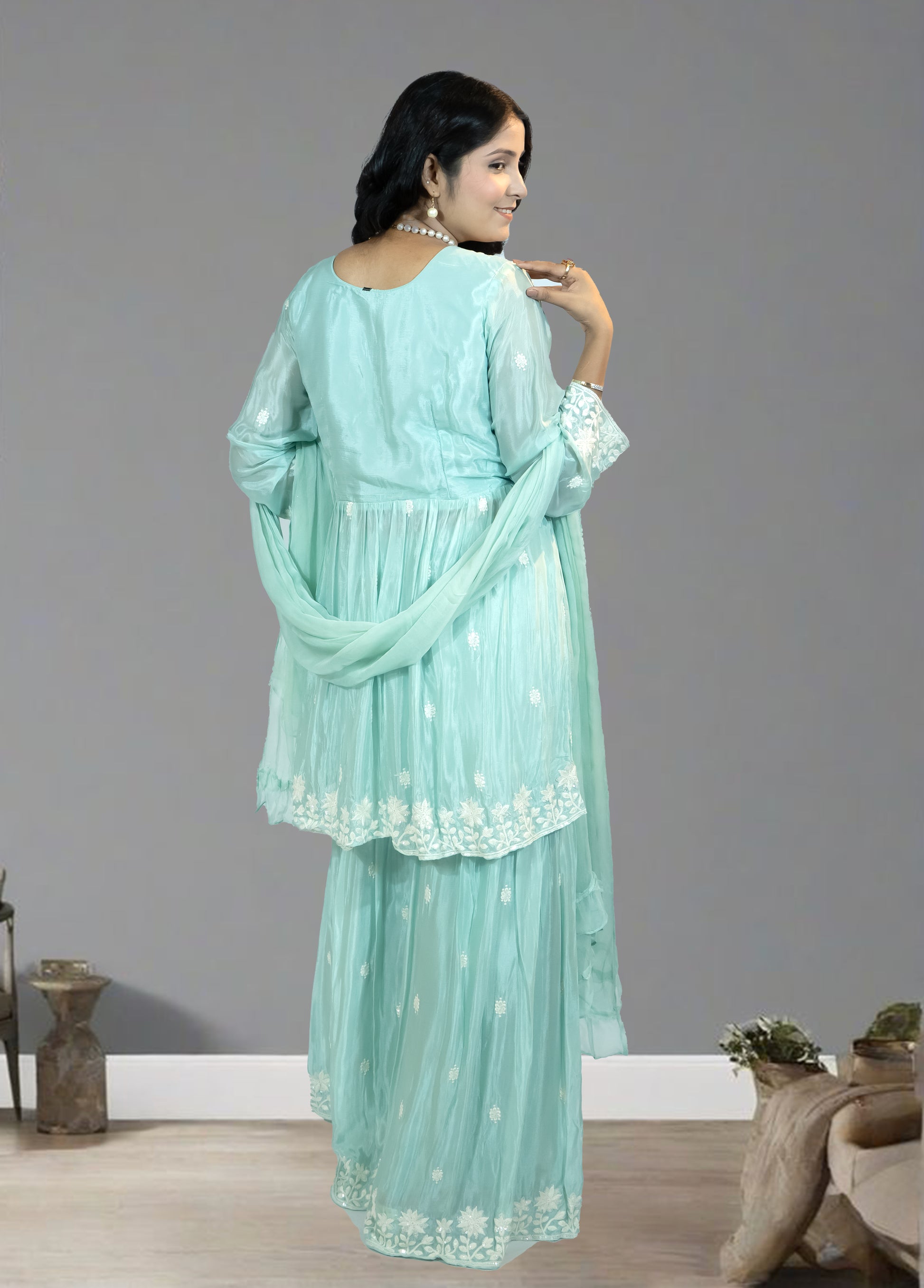 Mint Green Pure Shinon Short Anarkali with Sharara | Thread, Sequin & Hand Work | Sizes L–XXL - Bebo N Lolo