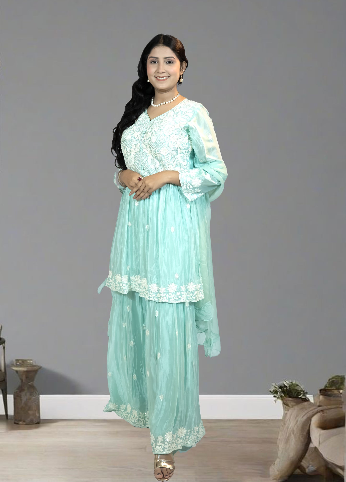 Mint Green Pure Shinon Short Anarkali with Sharara | Thread, Sequin & Hand Work | Sizes L–XXL - Bebo N Lolo