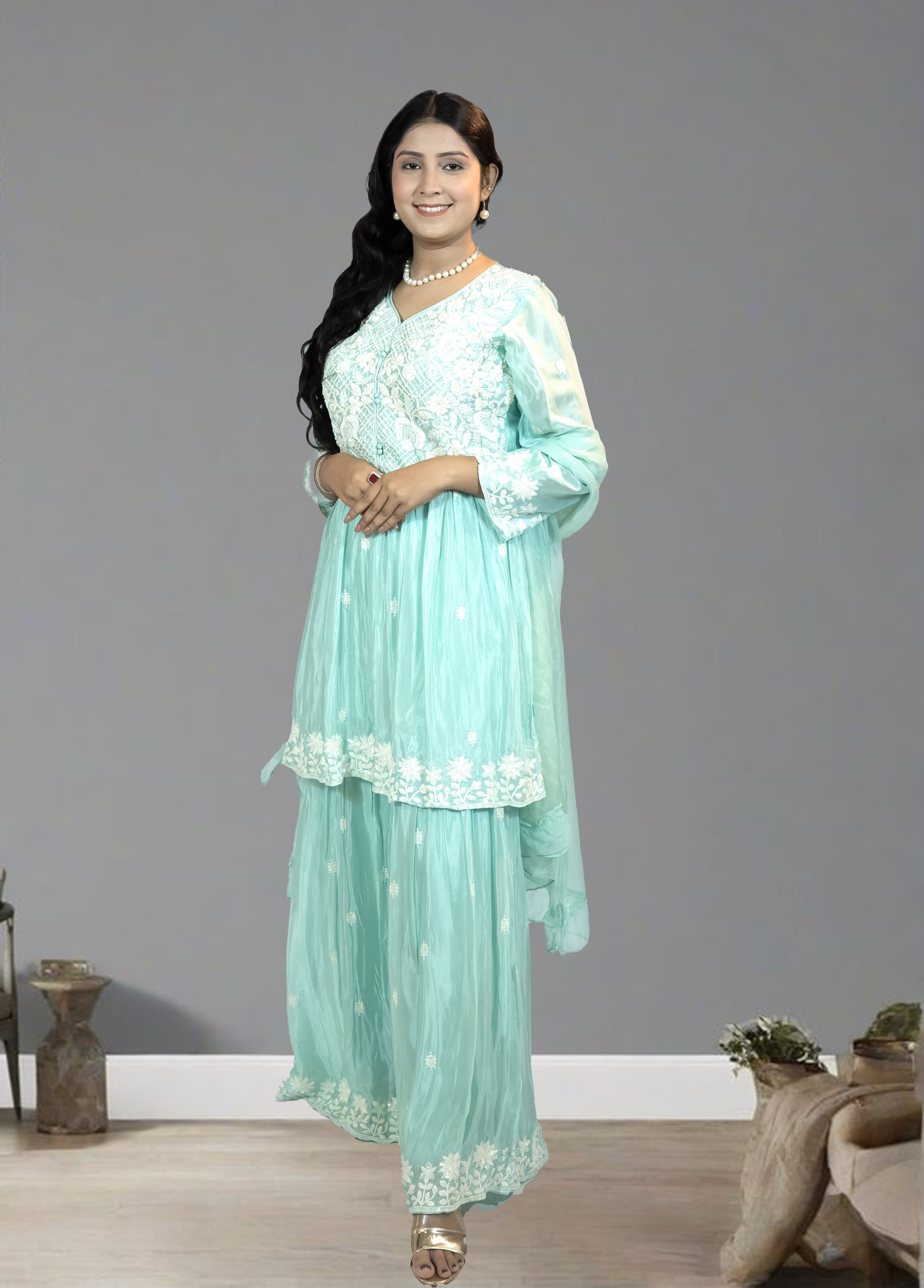 Mint Green Pure Shinon Short Anarkali with Sharara | Thread, Sequin & Hand Work | Sizes L–XXL - Bebo N Lolo
